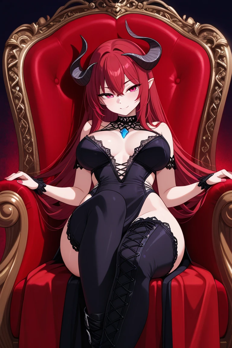 (anime), (succubus woman), devil tail and horns, in hell, fire, hot, steam, stitting on a black chair, black table, smug, yellow shining eyes, tattoo, rock, cavern, crossed leg, (SFW)