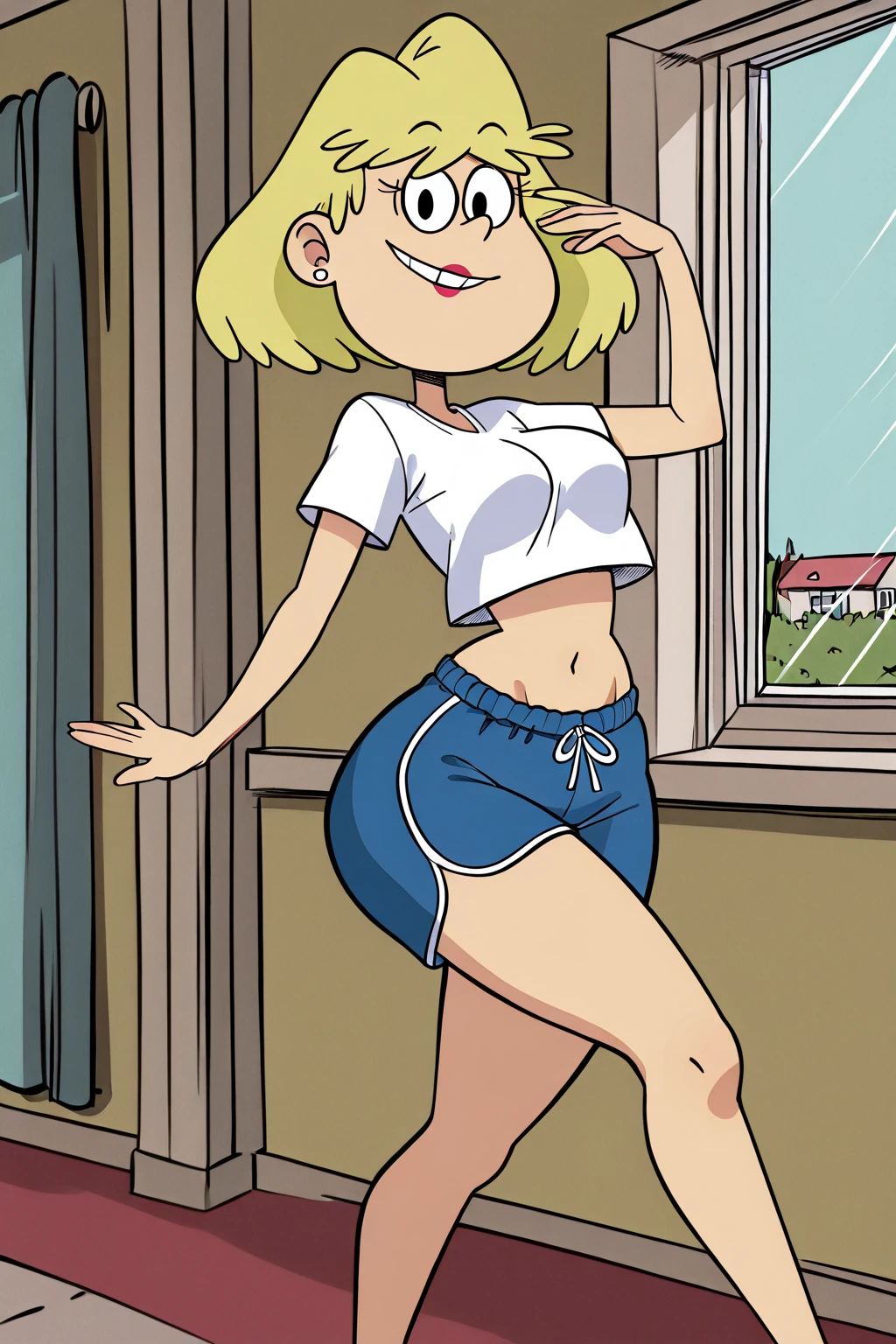 MayK,blonde hair,buck teeth,black eyes,freckles,standing,smiling,
MayAtt,red short shorts,white shirt,socks,brown shoes,
picket fence,morning,cartoon,
(insanely detailed, beautiful detailed face, masterpiece, detailed eyes, best quality) <lora:Maykanker:0.8>,
