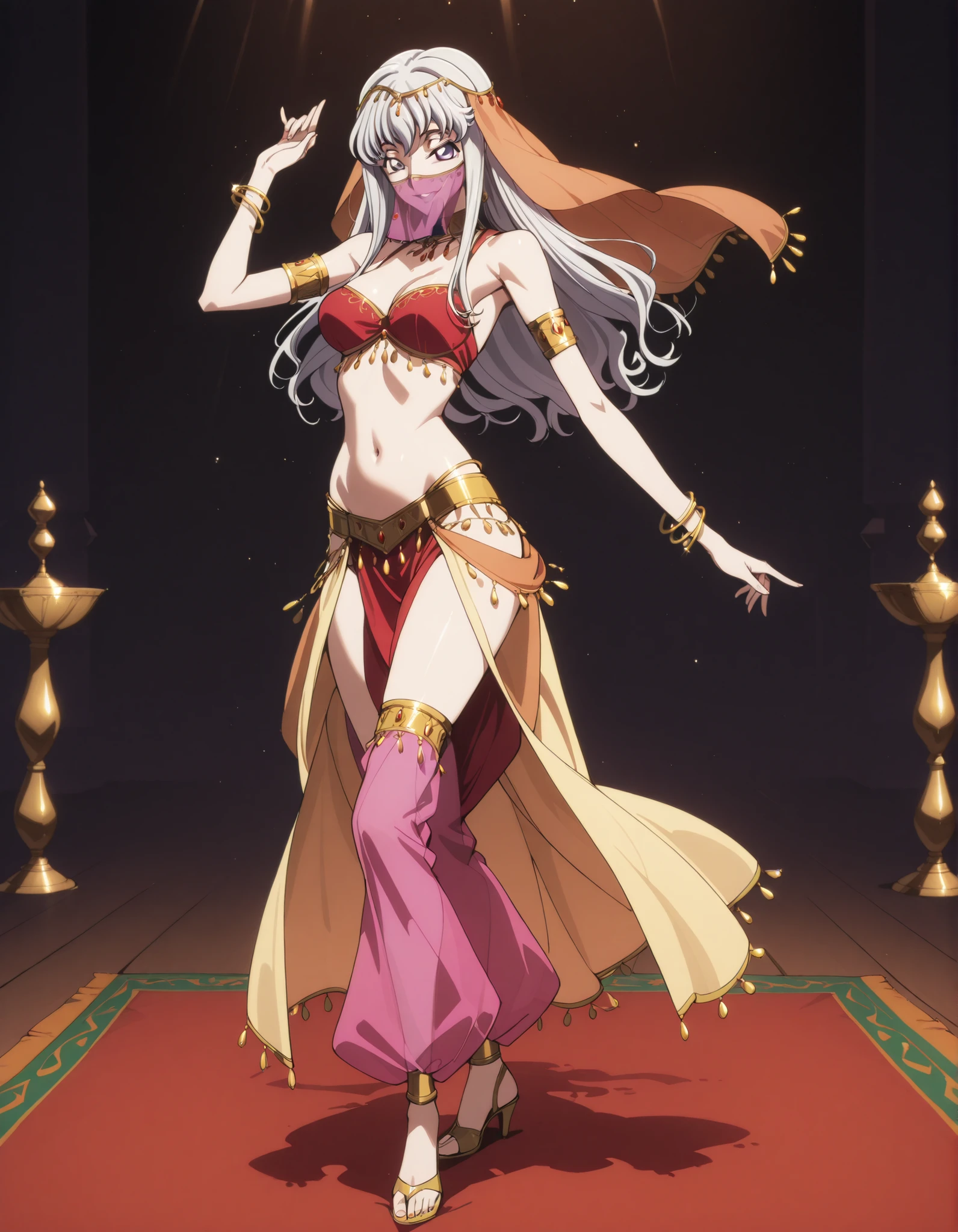 (1girl:1 . 5) , (Seul:1 . 5) , score_9 , score_8_haut , score_7_haut , source_anime , Official work  , ultra-detailed , masterpiece , best quality selfie snapshot , high resolution , beaux yeux , detailed eyes , detailed face , beautiful detailed eyes ,Code Geass,Leila Malcal,Arabian Clothes , Arabian Dancer ,belly dancer costume ,full body,golden jewelery,mouth veil,armlet, belly dancing,arabian theater,seductive smile, dancing with veil, dynamic movement,dance posture, seductive pose