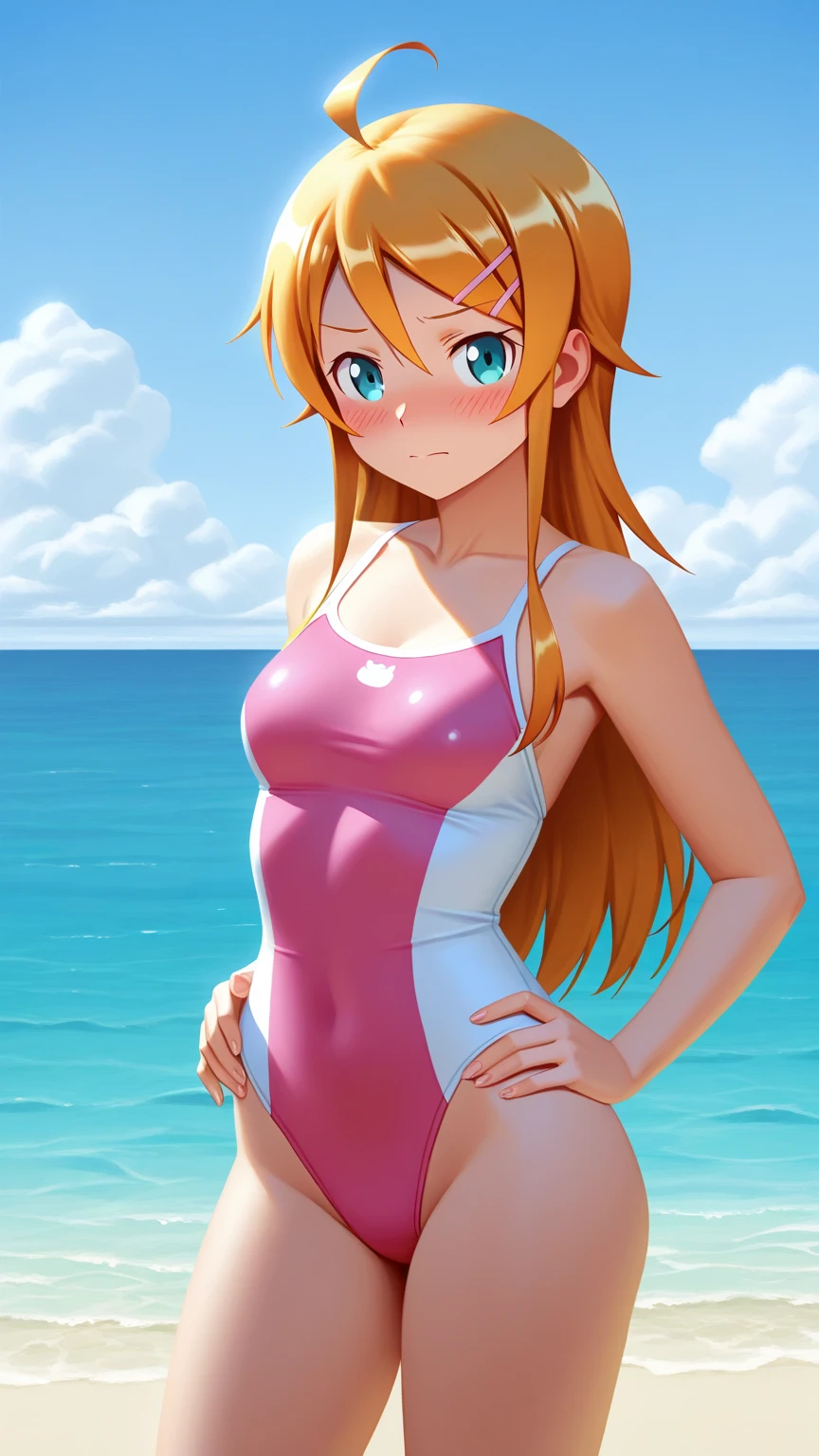 <lora:pudgeruffian:0.8>, pudgeruffian, masterpiece, best quality, 1girl, swimsuit, breasts, bikini, solo, long hair, navel, beach, blonde hair, streaked hair, green eyes, blue bikini, cleavage, choker, multicolored hair, kneeling, day, outdoors, red hair, bangs, mole under eye, smile, collarbone, black choker, barefoot, looking at viewer, mole, medium breasts, full body, makeup, lipstick, red lips, sand, ocean, blunt bangs, closed mouth, water, bare arms, bare legs, sky