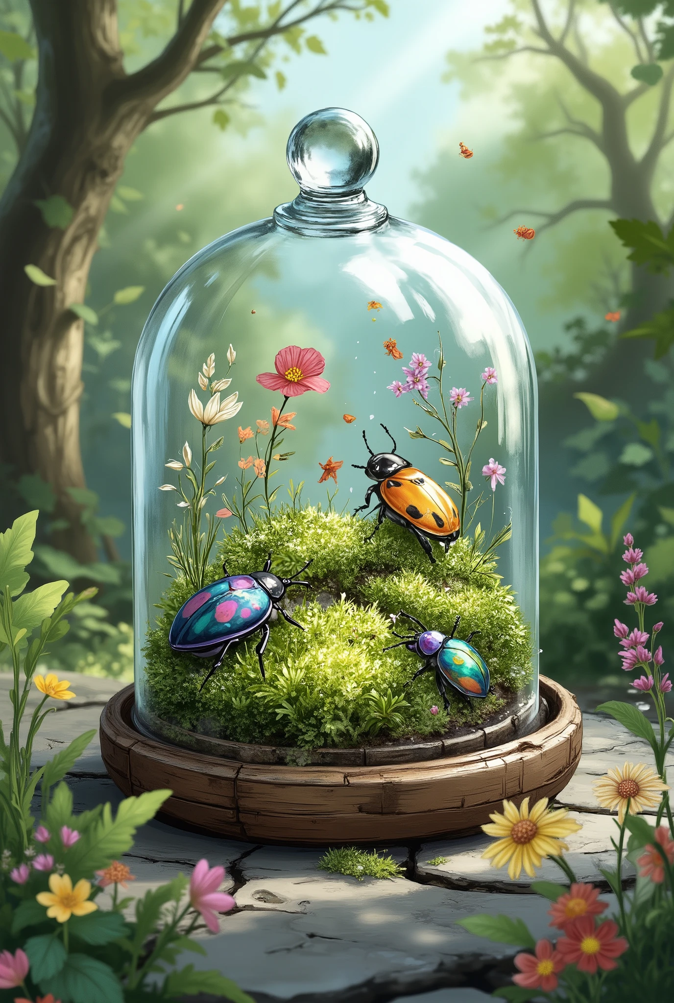 glass dome terrarium with colorful beetles and delicate dried flowers inside, moss covering the ground, looking like a tiny enchanted forest, highly detailed, realistic illustration