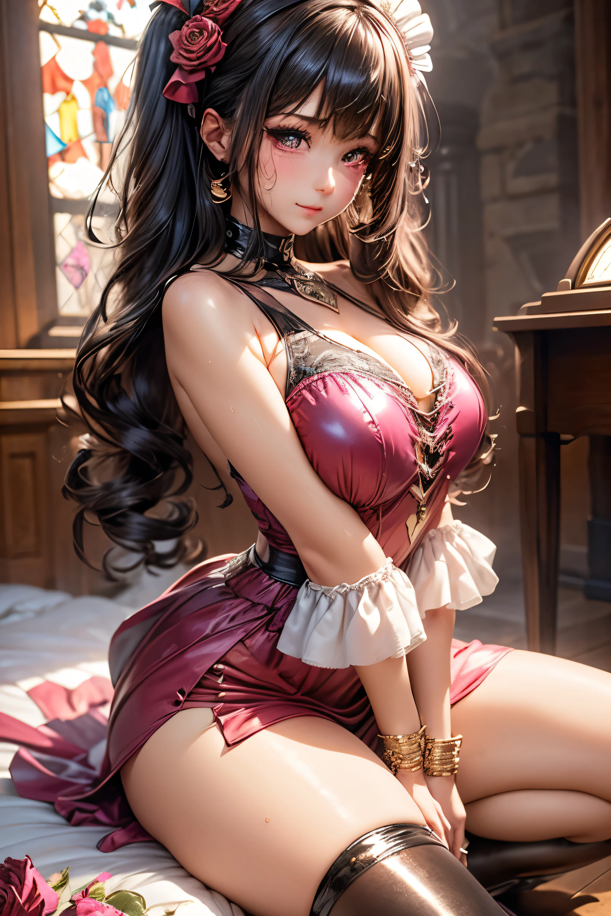 professional artwork, sharp focus, absurdres, studio photo, a portrait of a beautiful woman, edgLnF, golden embroidery, pauldrons, wearing edgLnF, edgApron, a woman in a maid apron, wearing edgApron, <lora:edgLnFApronsv1:0.75>, excited, flamboyant, beguiling, mullet, small breasts, neon lighting, ultra detailed,