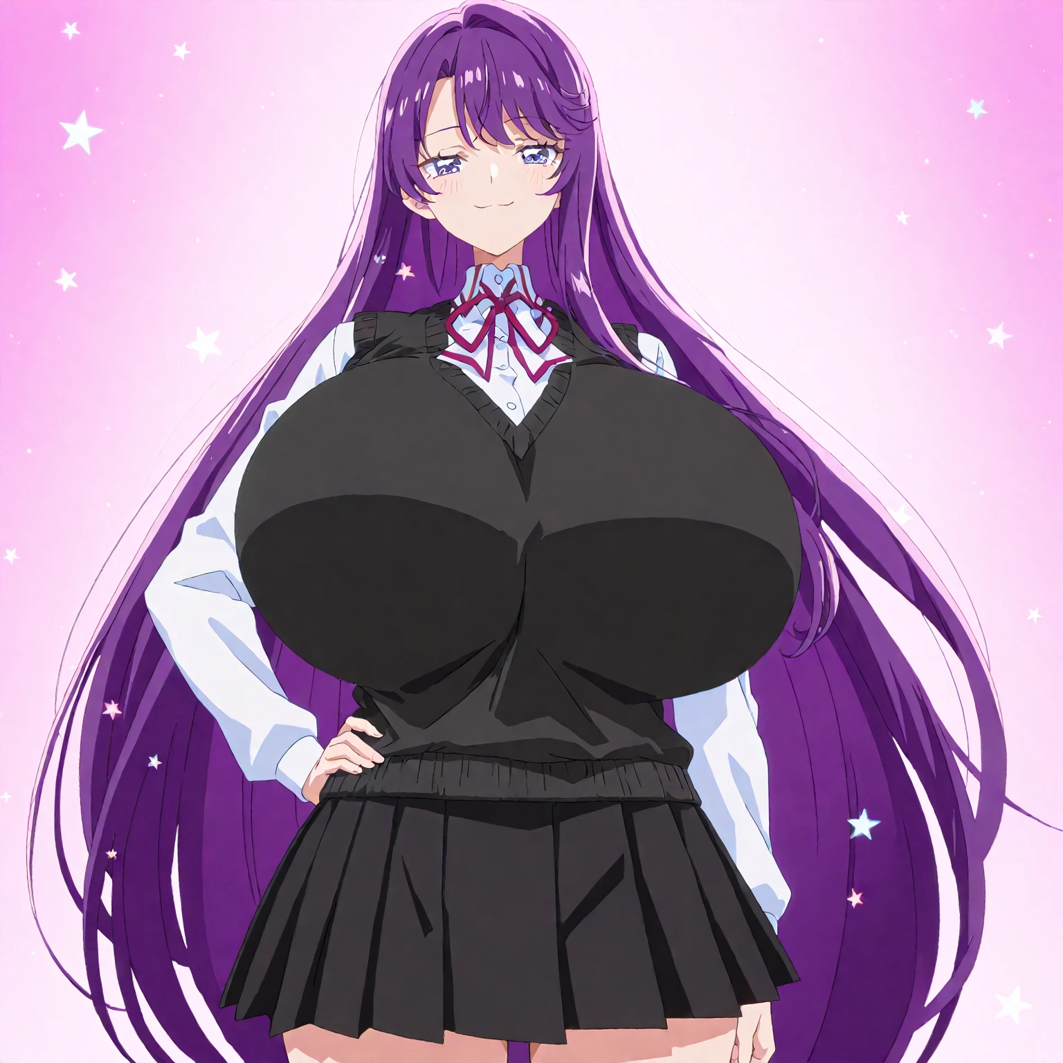 masterpiece, best quality, detailed face, <lora:HUElla:0.5>, HUElla, large breasts, long hair, purple hair, red eyes,bow, gem, hair slicked back,