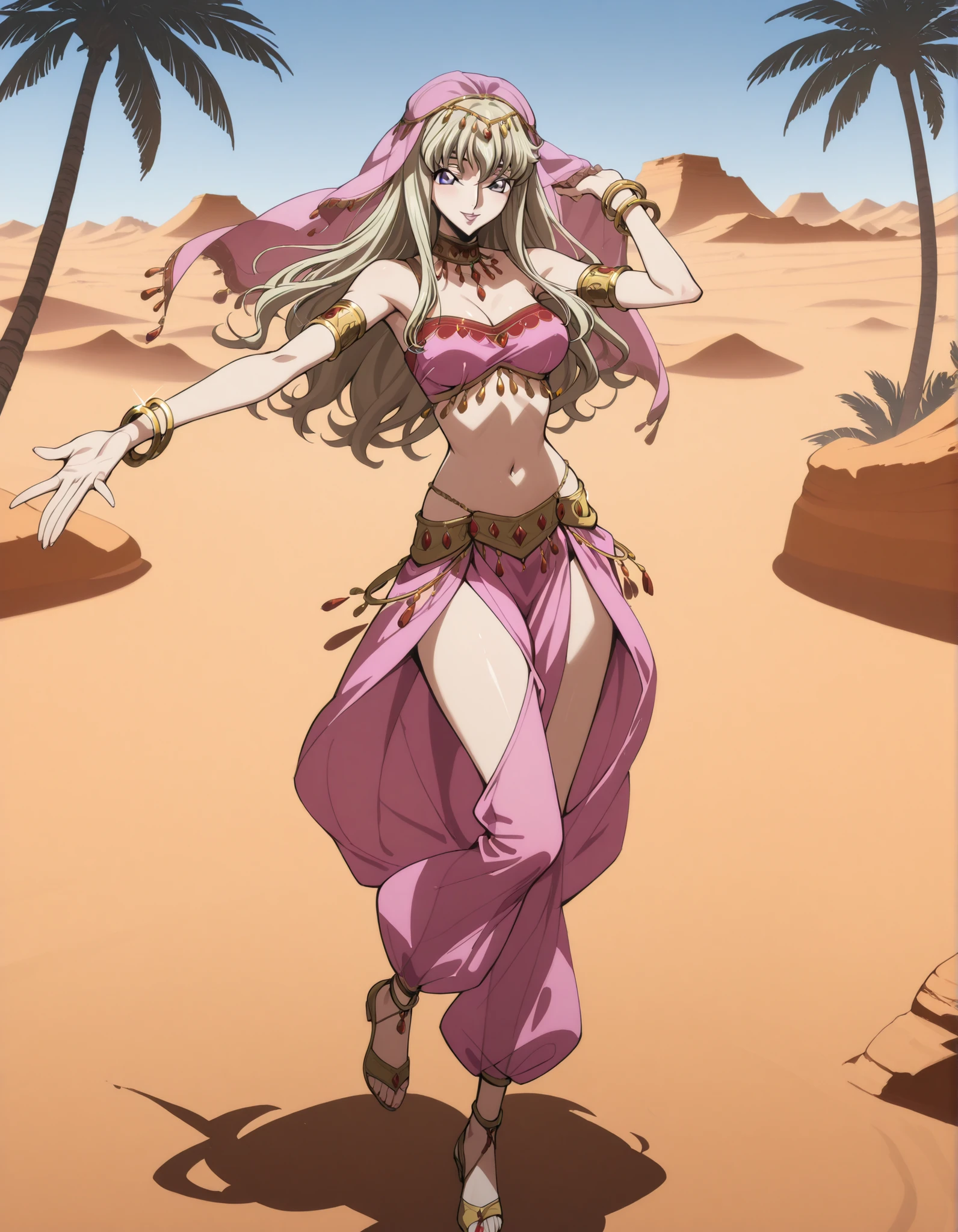(1girl:1 . 5) , (Seul:1 . 5) , score_9 , score_8_haut , score_7_haut , source_anime , Official work , ultra-detailed , masterpiece , best quality selfie snapshot , high resolution , beaux yeux , detailed eyes , detailed face , beautiful detailed eyes ,Code Geass,Leila Malcal,Arabian Clothes , Arabian Dancer ,belly dancer costume ,full body,golden jewelery,armlet, belly dancing,desert lands,palm tree,seductive smile, dancing with veil, dynamic movement,dance posture, seductive pose