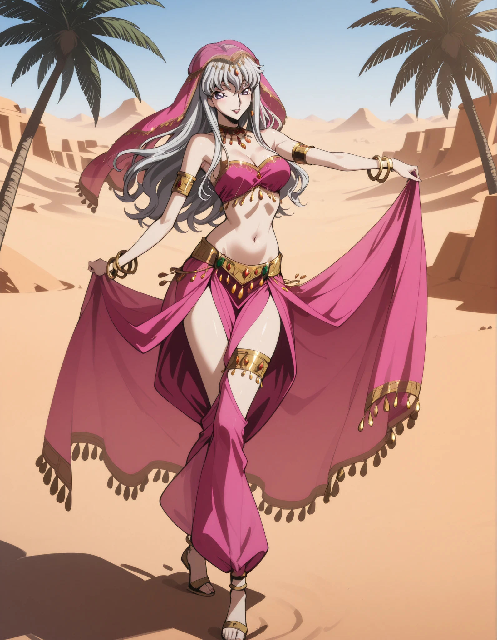 (1girl:1 . 5) , (Seul:1 . 5) , score_9 , score_8_haut , score_7_haut , source_anime , Official work , ultra-detailed , masterpiece , best quality selfie snapshot , high resolution , beaux yeux , detailed eyes , detailed face , beautiful detailed eyes ,Code Geass,Leila Malcal,Arabian Clothes , Arabian Dancer ,belly dancer costume ,full body,golden jewelery,armlet, belly dancing,desert lands,palm tree,seductive smile, dancing with veil, dynamic movement,dance posture, seductive pose