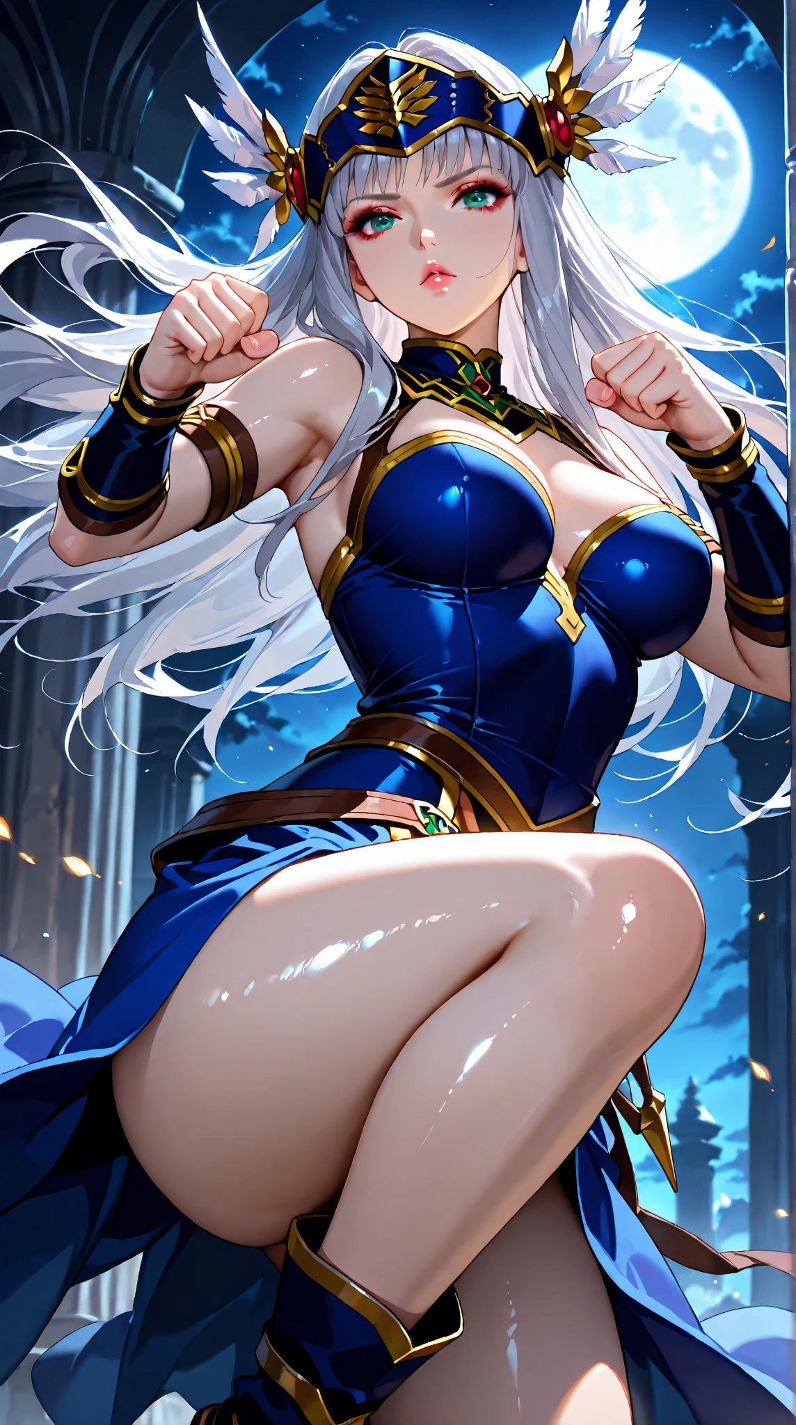 oslight, incredibly absurdres, basic poses, female void thrall (holding a spear:1.0), 1girl, (frown), huge breasts, silver hair and gold streaked hair, swept bangs, bob cut, wearing (fantasy style crotch plate and cuisses:1.3), perfect face, beautfiul face, high quality eyes, light pink eyes|(_locations
