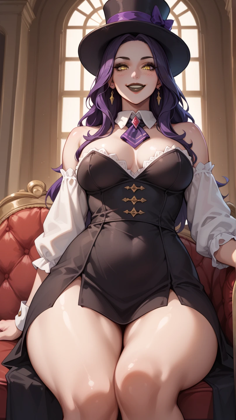 young girl, long curly lilac hair, violet eyes, Sheep horns, princess dress, open breasts, large breasts, sitting in a wheelchair, Masterpiece, hiquality, higly detailed, HD, 4k