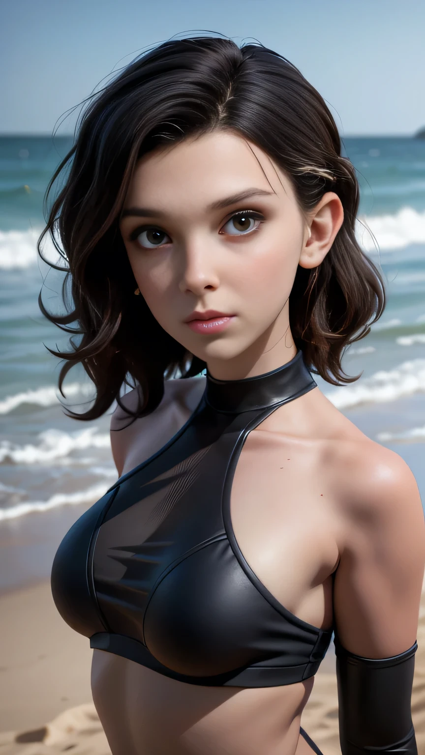 RAW digital art, portrait, ultra-realistic 3D render of a stunning woman resembling Millie Bobby Brown, ((highly detailed face:1.3)), flawless skin texture, expressive eyes with subtle reflections, soft shadows and cinematic studio lighting, Pixar-inspired style blending vibrant colors with realistic details, smooth yet detailed hair strands, perfectly portioned body, perfect breasts, cleavage, wearing a sporty black-and-neon rash guard set, matching bikini bottoms, surfboard under one arm, wavy hair tied back, surfing beach with crashing waves, Standing with arms slightly back, chest forward, subtle arch to create an elongated silhouette, background softly blurred with warm tones, (8K resolution, intricate textures, sharp focus)