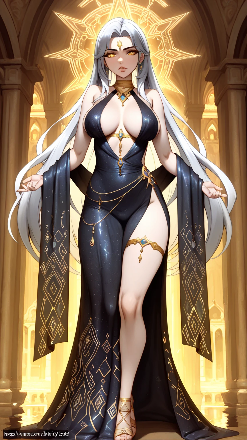 (Masterpiece, plain background:1.2) Female full body, standing straight symmetrical feet together, blood dark elf, dark skin, long messy white hair, 2longs elf ars, circlet, yellow eyes, 1990s (style), female 1sologirl