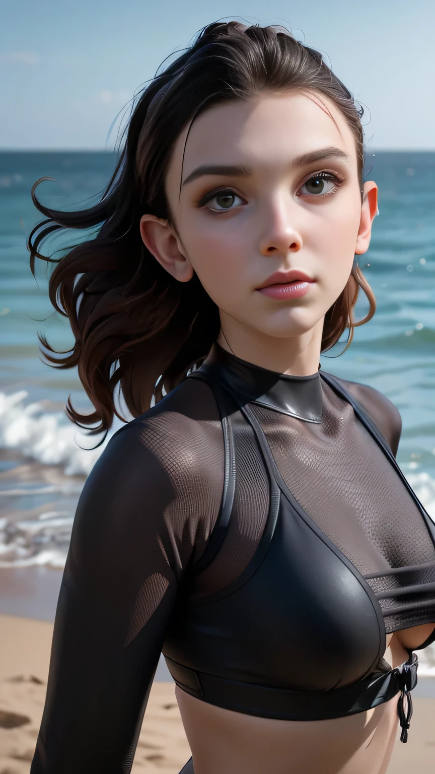 RAW digital art, portrait, ultra-realistic 3D render of a stunning woman resembling Millie Bobby Brown, ((highly detailed face:1.3)), flawless skin texture, expressive eyes with subtle reflections, soft shadows and cinematic studio lighting, Pixar-inspired style blending vibrant colors with realistic details, smooth yet detailed hair strands, perfectly portioned body, perfect breasts, wearing a sporty halter black-and-neon rash guard set, matching bikini bottoms, surfboard under one arm, wavy hair tied back, surfing beach with crashing waves, Standing with arms slightly back, chest forward, subtle arch to create an elongated silhouette, background softly blurred with warm tones, (8K resolution, intricate textures, sharp focus)