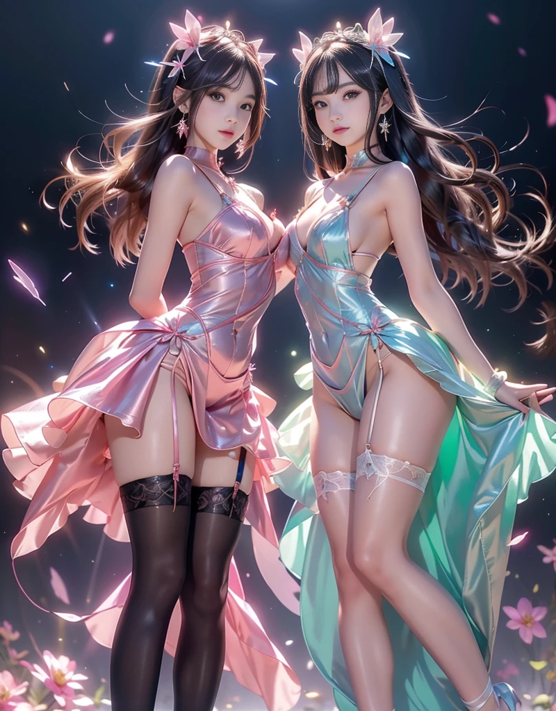 official art, Unity 8k wallpaper, super detailed, beautiful and beautiful, beautiful,Wang Zhaojun,Daji, masterpiece, best quality, (zen entanglement, mandala, tangled, tangled), dynamic angle, denim shot, most beautiful chaotic form, elegant, brutalist design, bright colors, romanticism, atmosphere, enjoy the music stream where you can imagine musical notes, ecstasy of flowers, visible streaming notes, flower_style, rainbow candy, style swirl magic, black stockings, beauty , couple, twins --auto --s2