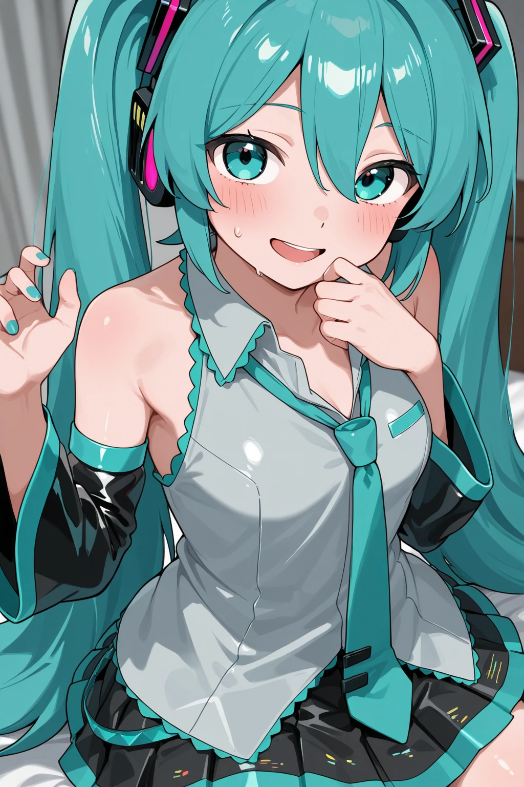 hatsune miku,View your viewers,blush,Standing Split, Standing on one leg,smile, Mouth closed, Full body image