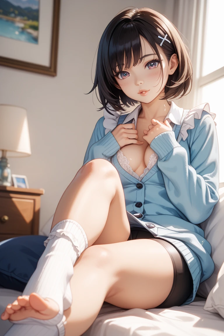 (best quality, 8k, highres, photorealistic:2.0), (solo, one girl:2.0),(lighting: strong),(lighting: front),(big smile girl:1.2),(very muscular girl:2.0),(bodybuilder girl:1.5),(shiny skin:1.5),(brown hair color:1.5),(Open your bent legs to the limit:1.5),(raise both arms behind your head:1.5),(black loafers:1.5),(white collar shirt),(long sleeve shirt:1.3),(tight shirt:1.7),(unbutton one's shirt),(short socks),(white socks:1.1),((blue pleated skirt)),((blue skirt)),((Wearing cute white panties)),(orgasm),((Girl leaning on an old leather sofa)), very beautiful girl, Blush brown makeup , dark eye makeup ,(The shape of erect nipples appears on the surface of the shirt:1.0),(small breasts:1.2),