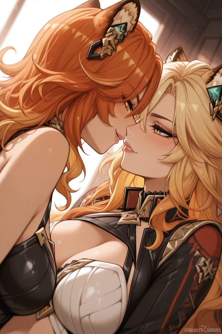 masterpiece, Highest quality, 2 cat eared girls, (kiss), (Explore), Blushed, Mischievous look, Female knight in armor, Place your hand on your chest, girl, Touching the chest, (whole body:0.8), Stand and hug, grab hip