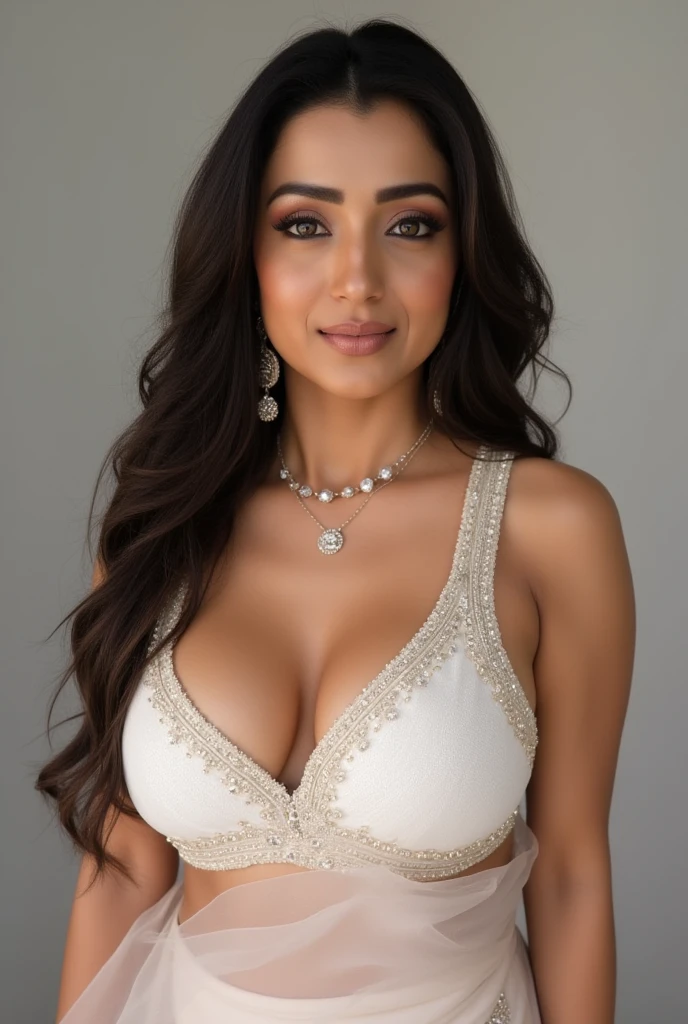 "Create an ultra-realistic image of a modern, attractive female influencer of Indian descent, aged between 27 to 30. She should have a warm and inviting smile, expressive almond-shaped eyes with a slight shimmer, and clear, glowing skin with a medium brown complexion. Her features should be well-defined, with high cheekbones and a sharp jawline. Her hair is long, thick, and styled in soft waves pinned to one side, colored in a deep, reddish-purple hue that’s bold yet sophisticated. She has a slender yet athletic build, with a noticeably larger chest featuring gigantic, plump breasts (plump: 1.3), reflecting a glamorous and voluptuous figure. Create a close-up image of a young woman with an attractive and curvaceous figure, wearing a striped, revealing blouse. The focus should be on her upper body, highlighting her full chest and the soft contours of her skin. The background is simple and smooth, emphasizing the model. Ensure the lighting is soft and flattering to create a natural, elegant look"