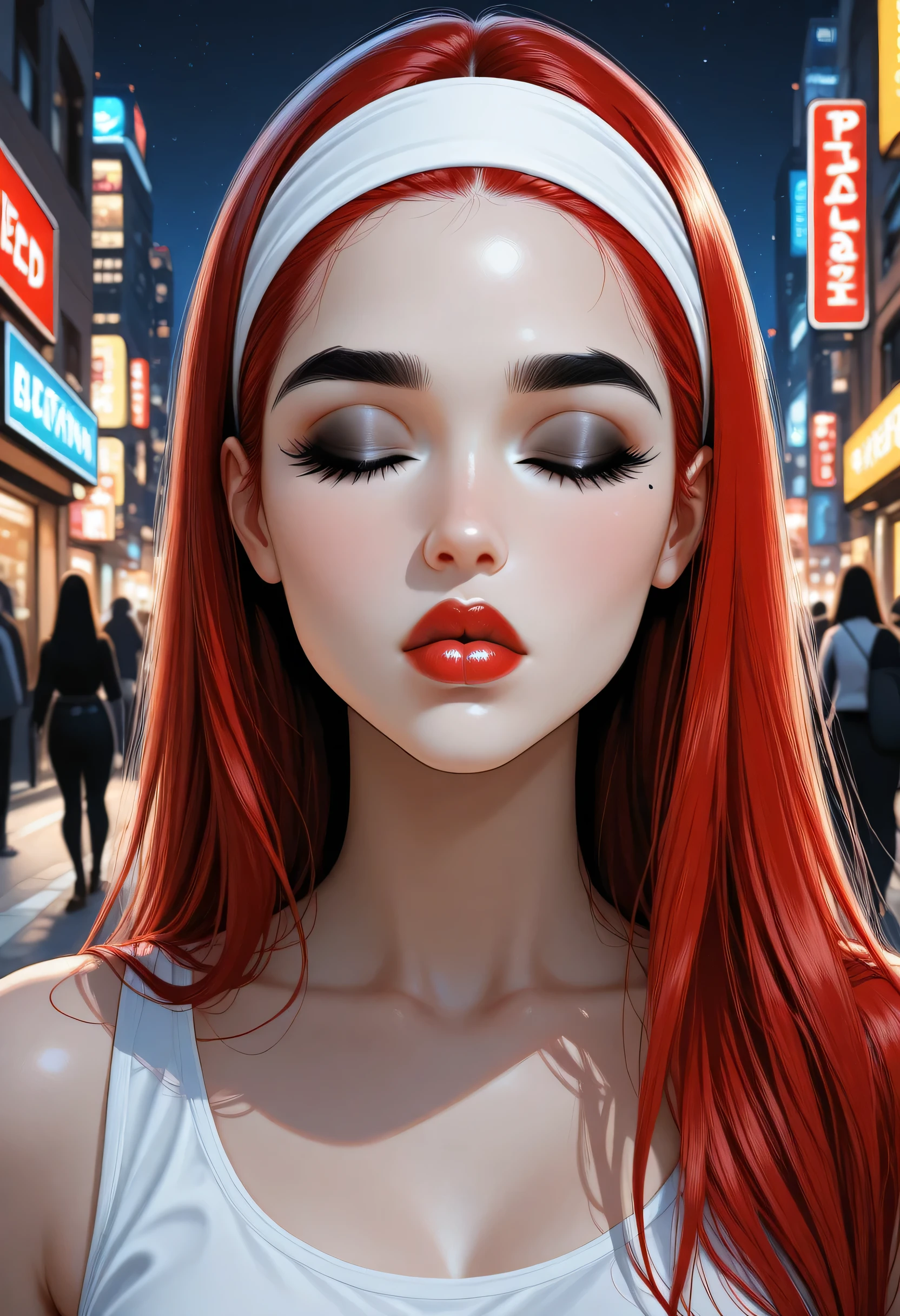night sky, city street, perfect face, straight hair, lightest red hair, white headband, black eyebrows, thick eyebrows, black eyelashes, black eyeshadows, black eyeliners, closed eyes, bright red lips, thick lips, kiss lips, beautiful woman, white tank top
