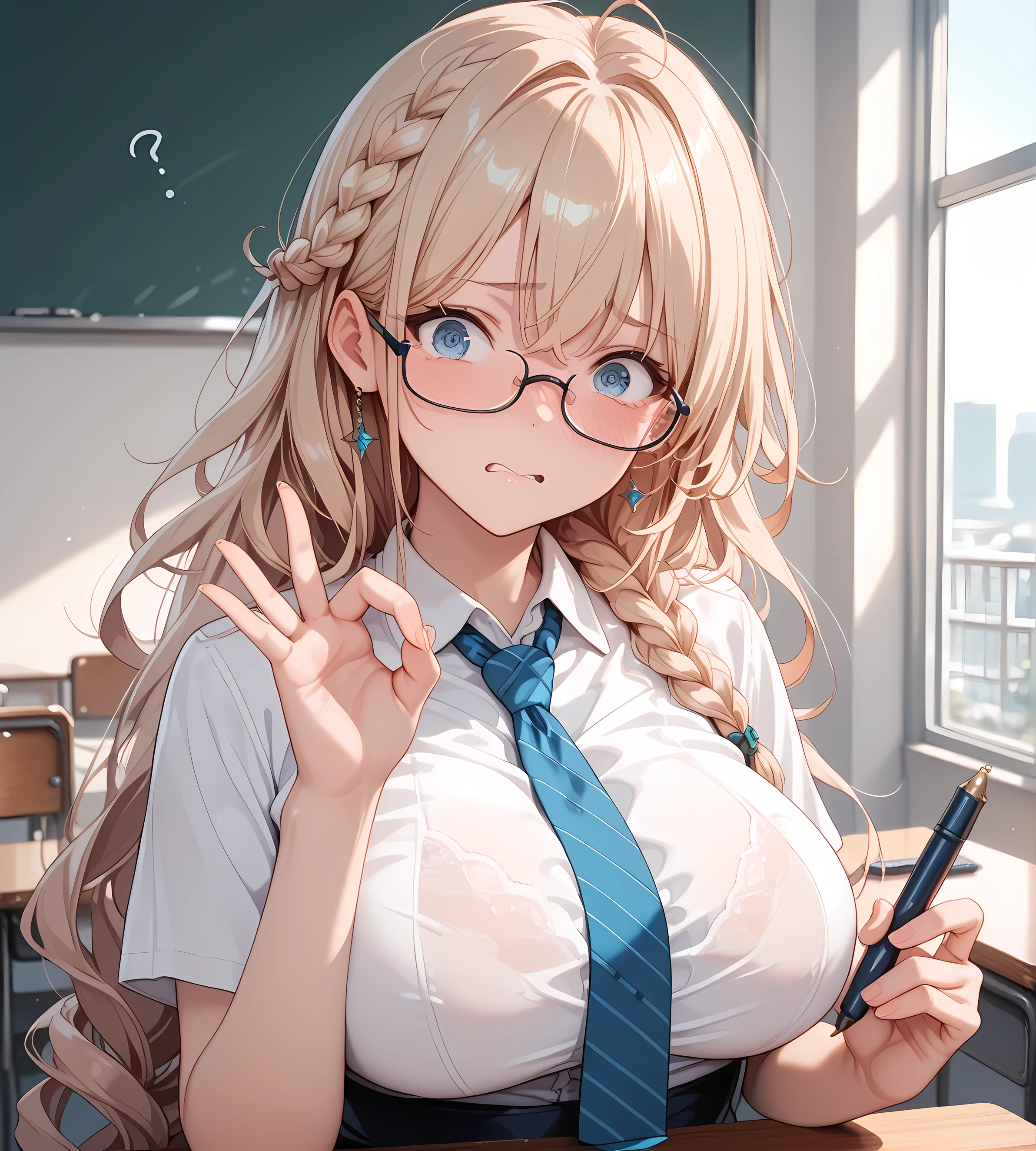 perfect body、(very big breasts、big boobs、Big Breasts)、very big high school girl、long hair tied-up back in single braid、blue tie、blue eyes、they seem to break up、nice eyes、glasses, embarassed, Shy, averting her gaze, Pen-gesture