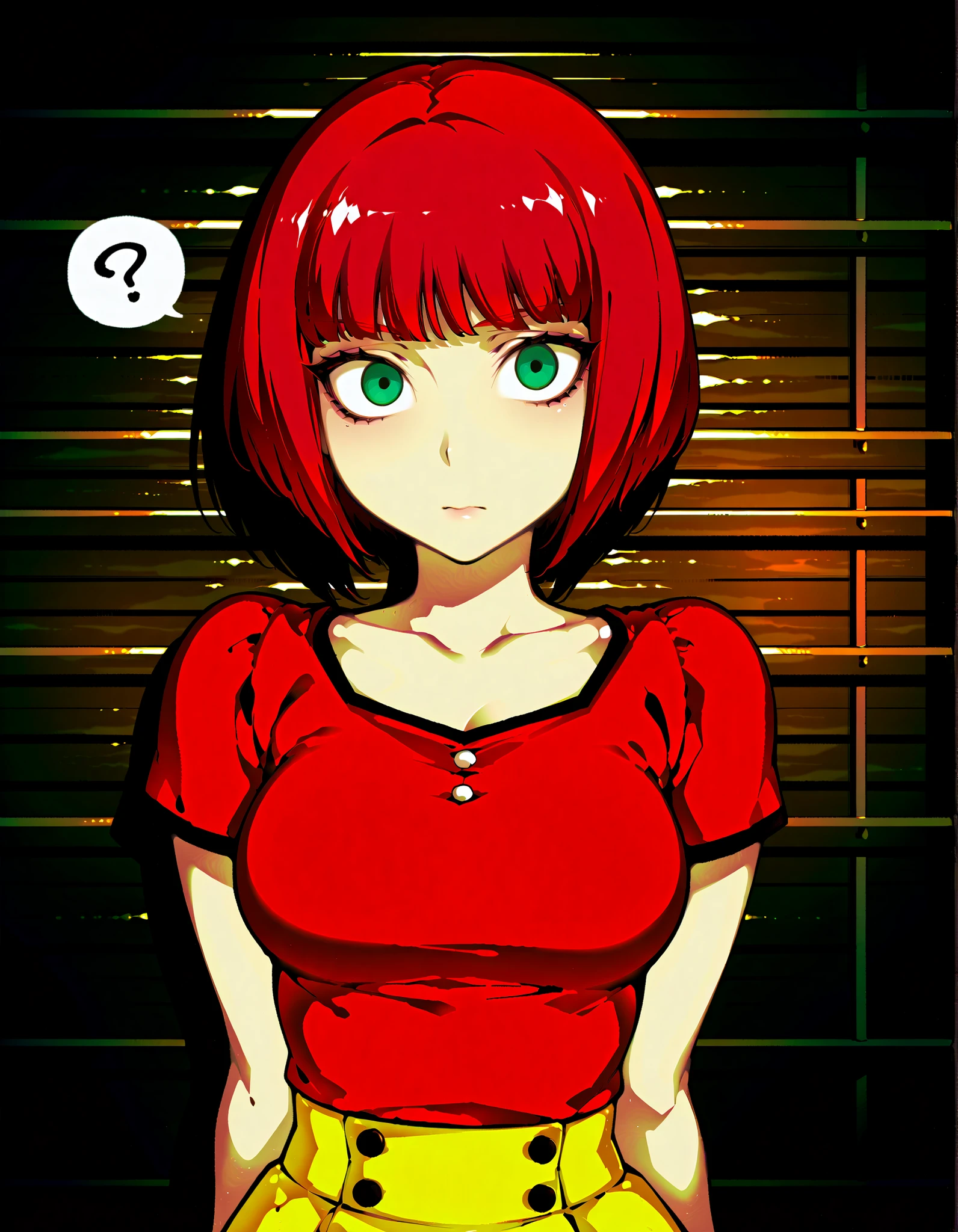 Source_anime, cute female, fishine style, 1girl, solo, redhead BREAK 

Short hair, red hair, bob_cut, bangs, green eyes, medium breasts BREAK  

Red shirt, short sleeves, yellow skirt , upper body BREAK  

Looking at viewer, cute face, closed mouth, ?, wide-eyed, front view

Wood wall, portrait, brown wall 