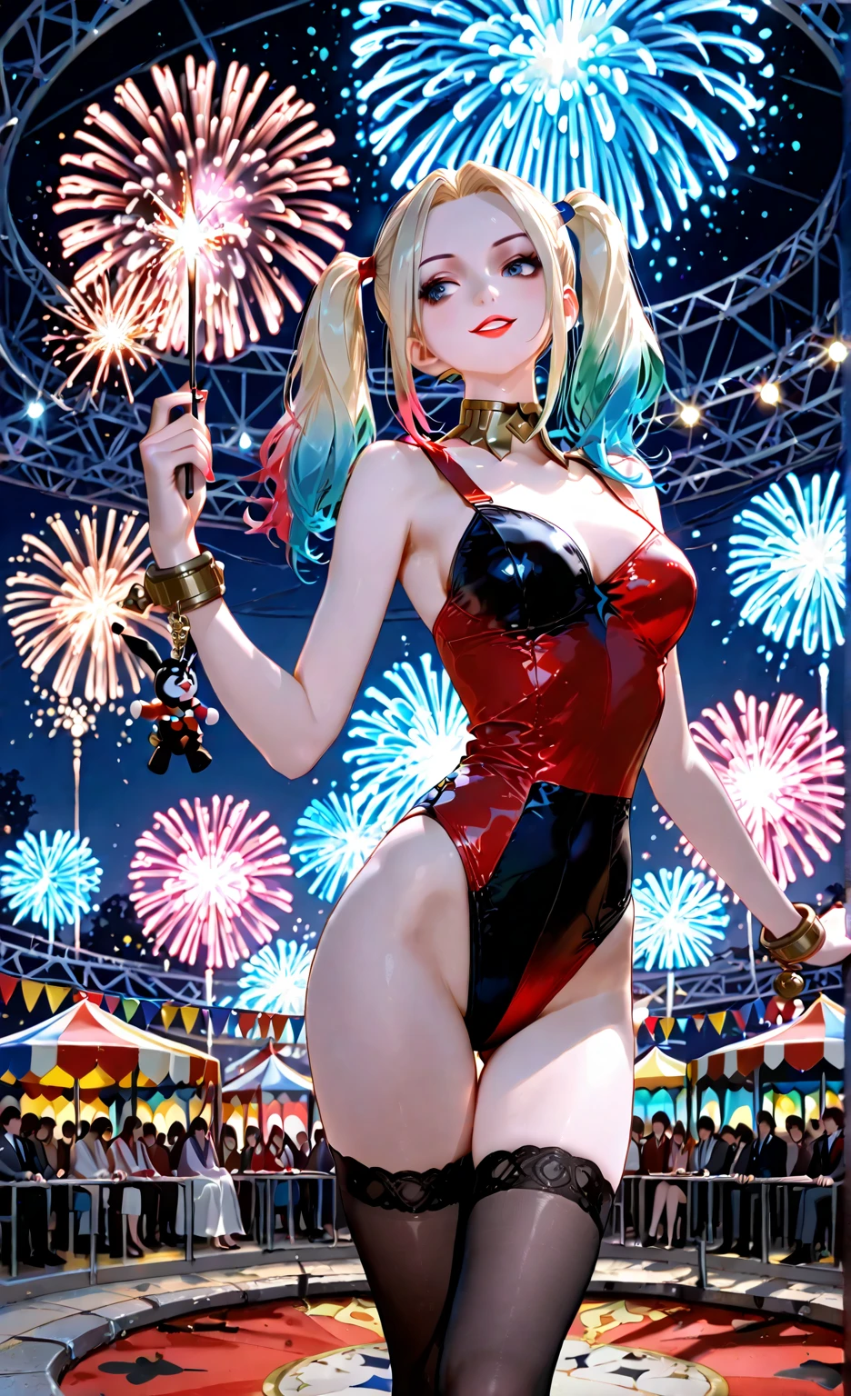 <lora:HaDeS_Armor_XL_V2.0-000004:1> platinum blonde french twist female in (hlhdsrmr:1.3), (horns pose), Festival Fireworks Reflected in Water background