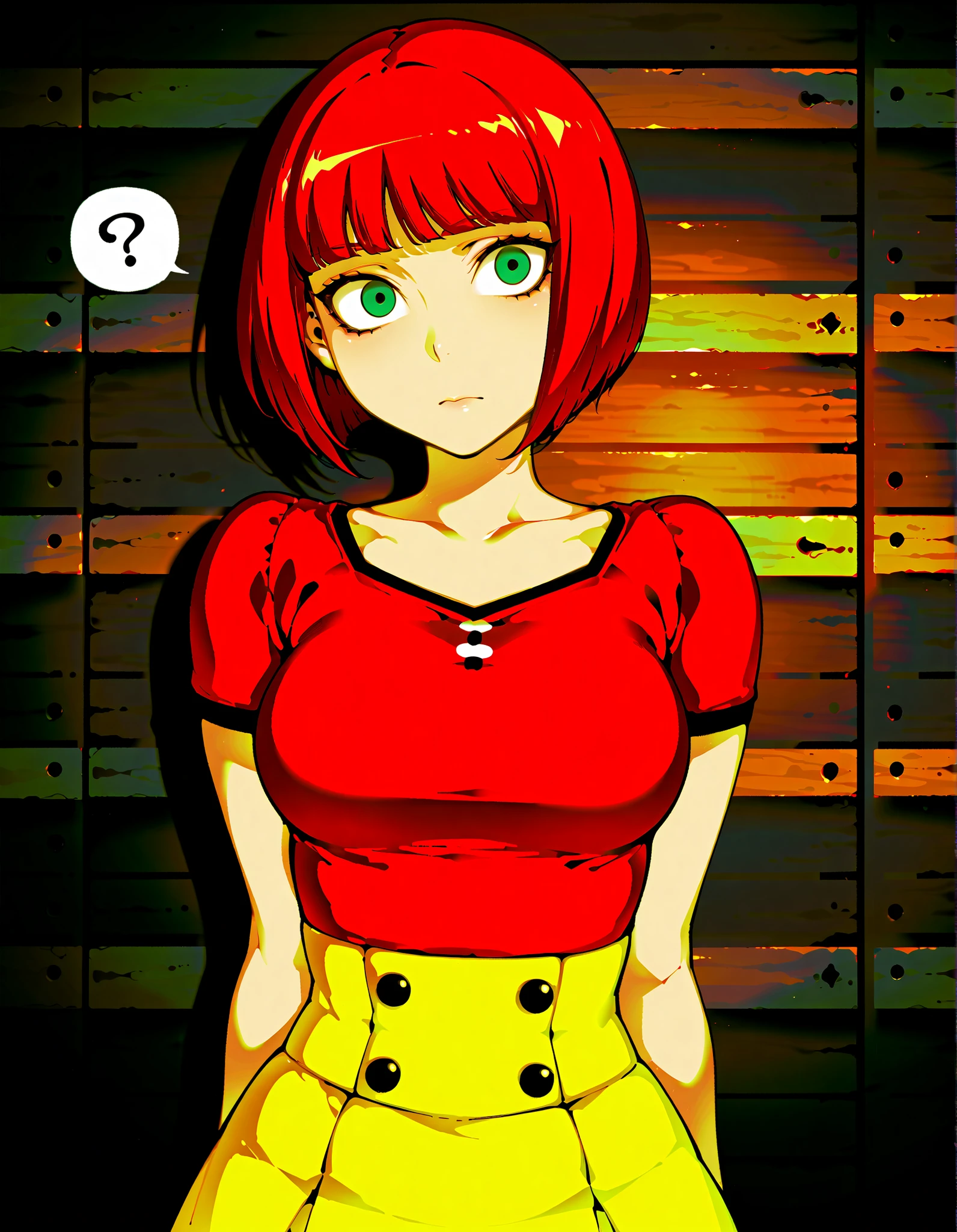 Source_anime, cute female, fishine style, 1girl, solo, redhead BREAK 

Short hair, red hair, bob_cut, bangs, green eyes, medium breasts BREAK  

Red shirt, short sleeves, yellow skirt , upper body BREAK  

Looking at viewer, cute face, closed mouth, ?, wide-eyed, front view

Wood wall, portrait, brown wall 