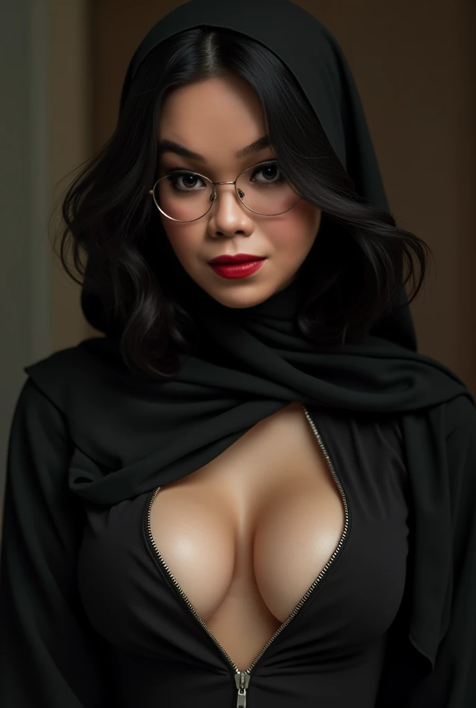 (iu:0.8),((massive breast)), chubby, RAW, Best quality, high resolution, Masterpiece: 1.3, Beautiful glasses javanese woman in translucent hijab, Masterpiece, Perfect slim body, Beautiful big eyes, Soft smile, (((naked))), largest breast, droppy breast, wooping large breast, huge boobs, realistic breast, exposed nipples, realistic skin, brown skin
