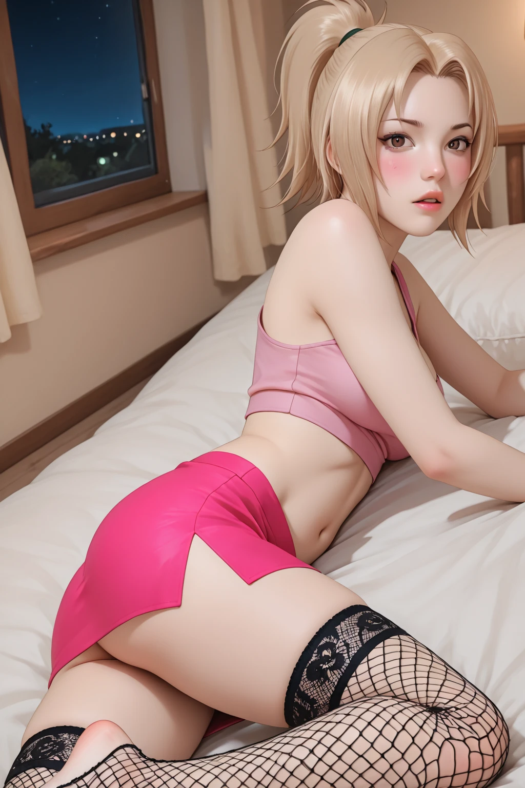 crossdressing, anime, tall, mature, beauty, small breasts, short hair, blonde hair, blue eyes, bunny girl, lace stockings, black stockings, bedroom, night, on bed, anime style,