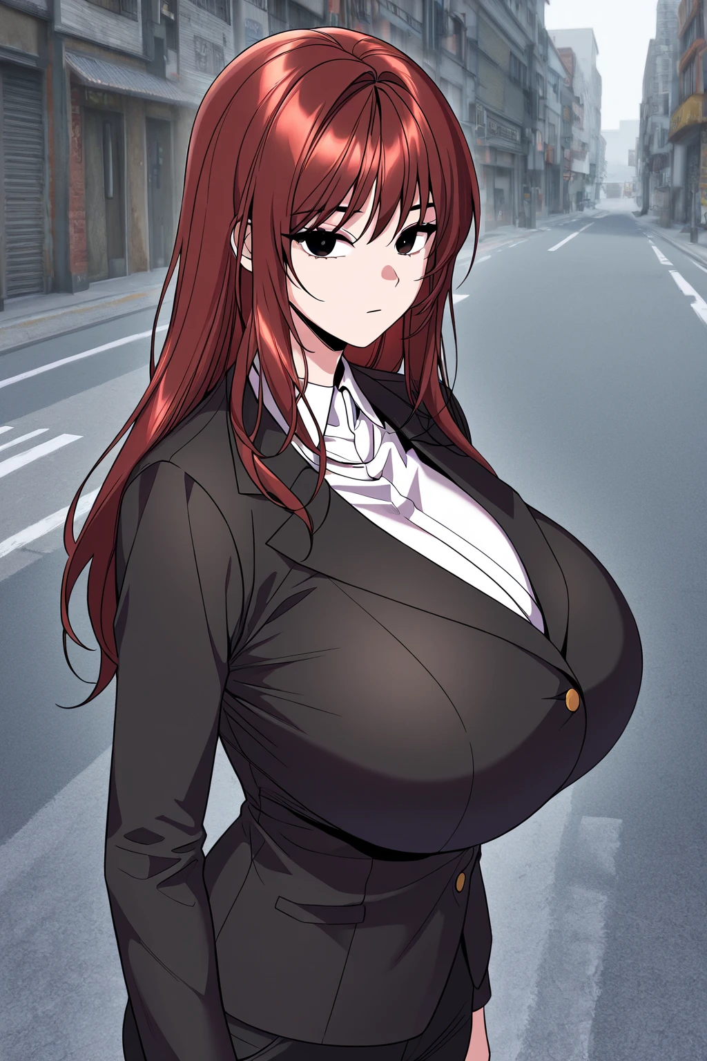 bear head t-shirt, black short pants, city street background, mei terumi, solo, takeda hiromitsu style, anime cels style, best quality, high resolution, (????????????:1.3), cowboy shot, blush, smiling, slim body, long hair, brown hair, green eyes, ((hair over one eye)), pink lipstick