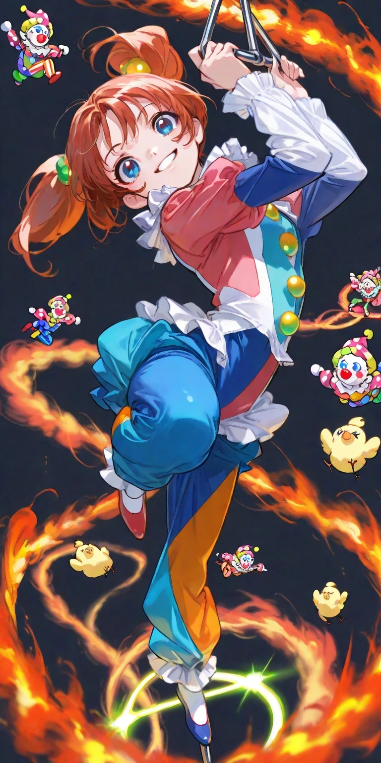 Background: CIRCUS, CIRCUSショー,acrobat,trapeze,Ball riding,Jumping through a ring of fire,,1girl,clown clothes,clown makeup,Smile Yan,,,,light up,Action,dynamic,colorful,Dramatic,Anime Chick,safe content(masterpiece, 最High Quality, High Quality, 詳細なBackground, complicated details,complicated,super high resolution, very beautiful ,Newest:1.2)