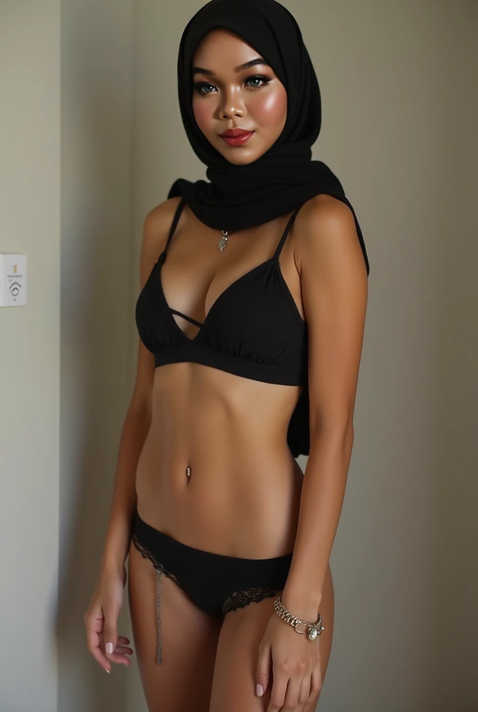 (HIJAB little girl), Skinny orange satin hijab girl  (SHINY DARK SKIN), SADNESS ,a round buttock, (lace  & G-String).