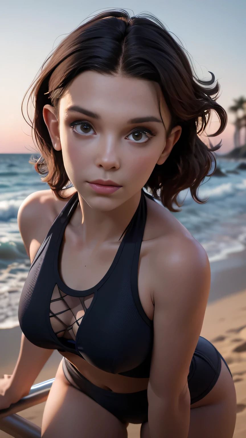 RAW digital art, portrait, ultra-realistic 3D render of a stunning woman resembling Millie Bobby Brown, ((highly detailed face:1.3)), flawless skin texture, expressive eyes with subtle reflections, soft shadows and cinematic studio lighting, Pixar-inspired style blending vibrant colors with realistic details, smooth yet detailed hair strands, perfectly portioned body, perfect breasts, wearing a sporty halter black-and-neon rash guard set, matching bikini bottoms, surfboard under one arm, wavy hair tied back, surfing beach with crashing waves, Standing with a light lean forward, elbows resting on an unseen railing, gaze downward, subtle arch to create an elongated silhouette, background softly blurred with warm tones, (8K resolution, intricate textures, sharp focus)