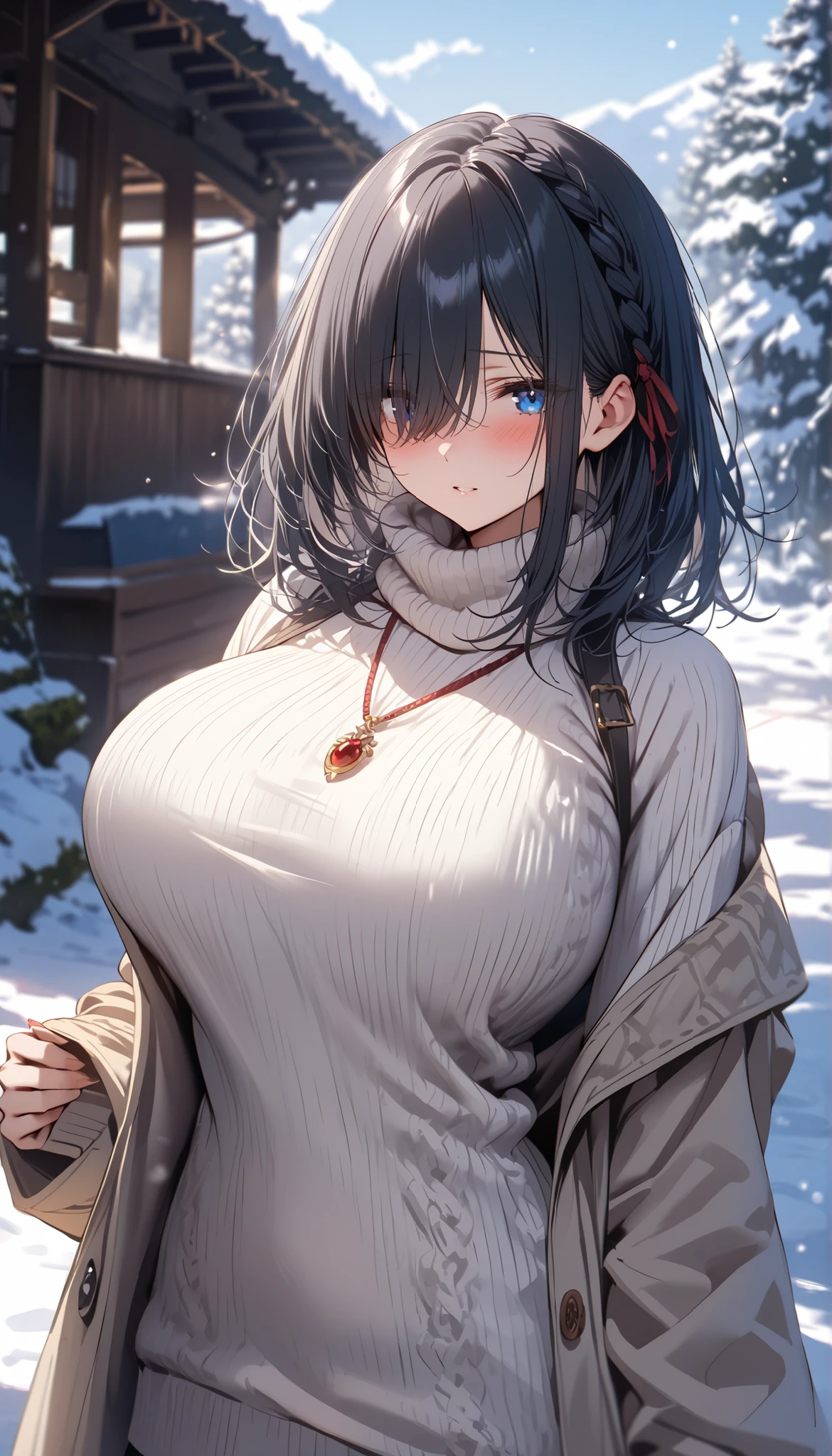 (RAW shooting:1.2)、(Photorealsitic:1.4)、(​masterpiece:1.3)、(top-quality:1.4)、(Beautiful woman with perfect body:1.4)、Japan Young Women、(kawaii:1.2)、(FULL BODYSHOT)、(middlebreasts:1.3)、beauty breast、(Slender and beautiful girl)、(Sexy model pose with protruding :1.3)、dream-like、Happy smiling face、(beautifully detailed eyes)、(charming big eyes)、(beautiful double eyelid)、(beautiful and detailed face)、(a short bob:1.3)、cute little、oblique bangs、Look at viewers、(loose white wool sweater、off shoulders、Tight mini skirt、Black thick pantyhose、Snow boots:1.3)、(beautiful thigh)、(snow mountains、snowscape:1.3)、Snow flickers、bokeh dof