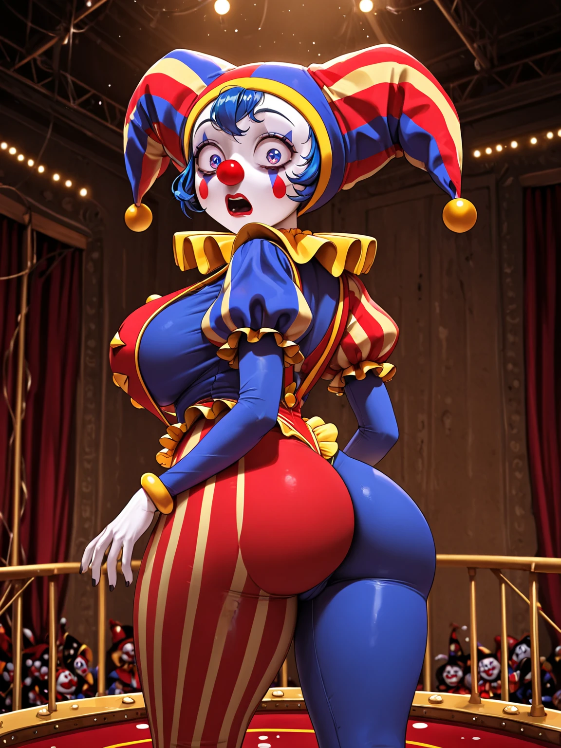view from below, <lora:pomni:0.7> pomni, goth, kneeling, undressing, smile, (underboob:1.5), large naked breasts, , woman, perfect body, face painting, colorful clothing, shinning, bloom, glitter, thin waist, huge hips, thick thigs, high heels, eyeliner, cat tail, big lips, piercings, middle finger,