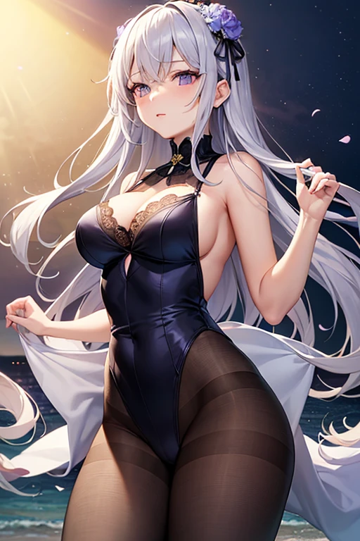 Buttocks close-up,Backless,Fat buttocks,Long purple-gray hair,Backless Nude,plump thighs,Childlike giant breasts,Sway with the wind,Adds a bit of agility,Rich in layers,Surrounded by autumn leaves,Hips,Pure white flower marriage