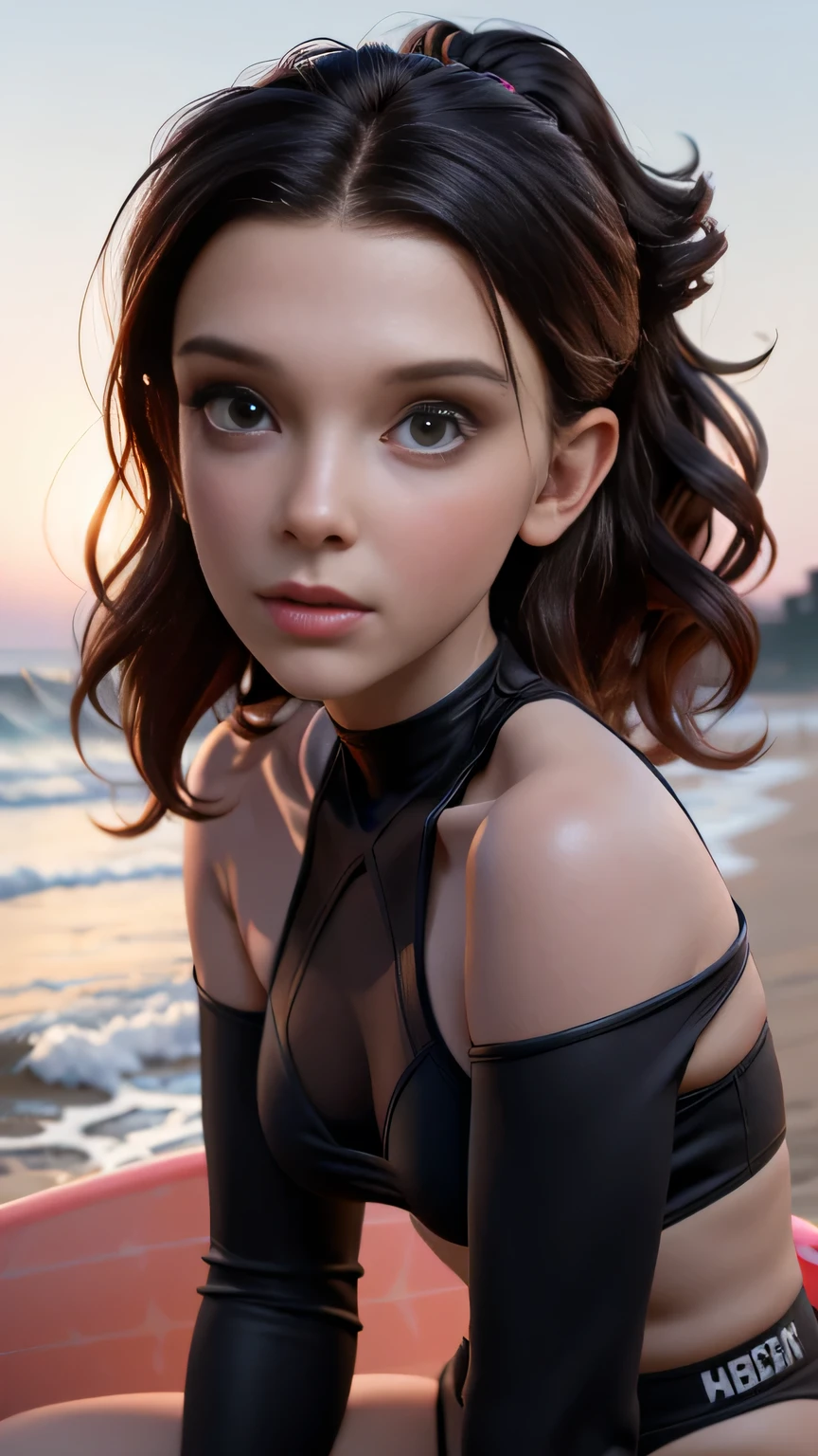 RAW digital art, portrait, ultra-realistic 3D render of a stunning woman resembling Millie Bobby Brown, ((highly detailed face:1.3)), flawless skin texture, expressive eyes with subtle reflections, soft shadows and cinematic studio lighting, Pixar-inspired style blending vibrant colors with realistic details, smooth yet detailed hair strands, perfectly portioned body, perfect breasts, wearing a sporty halter black-and-neon rash guard set, matching bikini bottoms, surfboard under one arm, wavy hair tied back, surfing beach with crashing waves, Kneeling with both hands resting lightly on thighs, serene facial expression, background softly blurred with warm tones, (8K resolution, intricate textures, sharp focus)