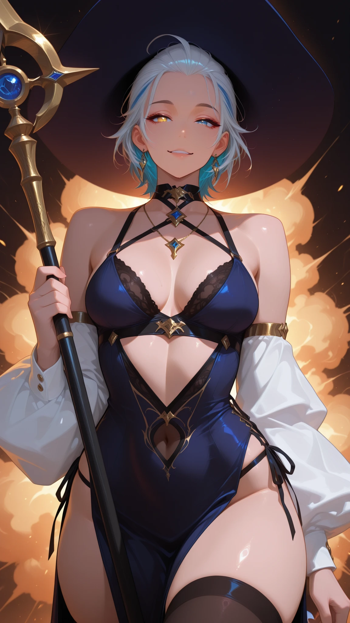 (masterpiece), (High resolution), (super delicate),,(Horror elements), sexy dress,Cute Core Clown、Skull Accessories、((Alphonse Mucha 1.5))blue hair、