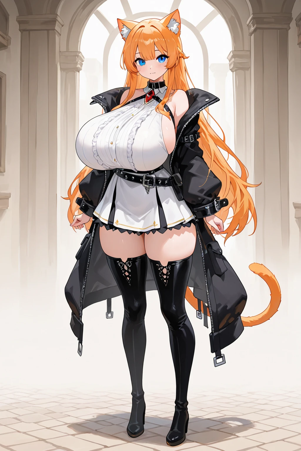 8k, highest quality, masterpiece: 1.2), ultra detail, highest quality, ultra high resolution, professional lighting, photon mapping, radiosity, physically based rendering, cinematic lighting, depth of field, focusing, sun rays, good composition, slender blonde woman entered the room. Wearing a white tied up halter top with a pop collar that stopped just below her ??????, leaving her flawless flat stomach exposed. The top leaving a generous amount of her cleavage exposed. A pair of white, skin tight denim pants with a burgundy colored studded belt, and a pair black heeled boots. A black choker with a fox embroidered in the center wrapped firmly around her neck.