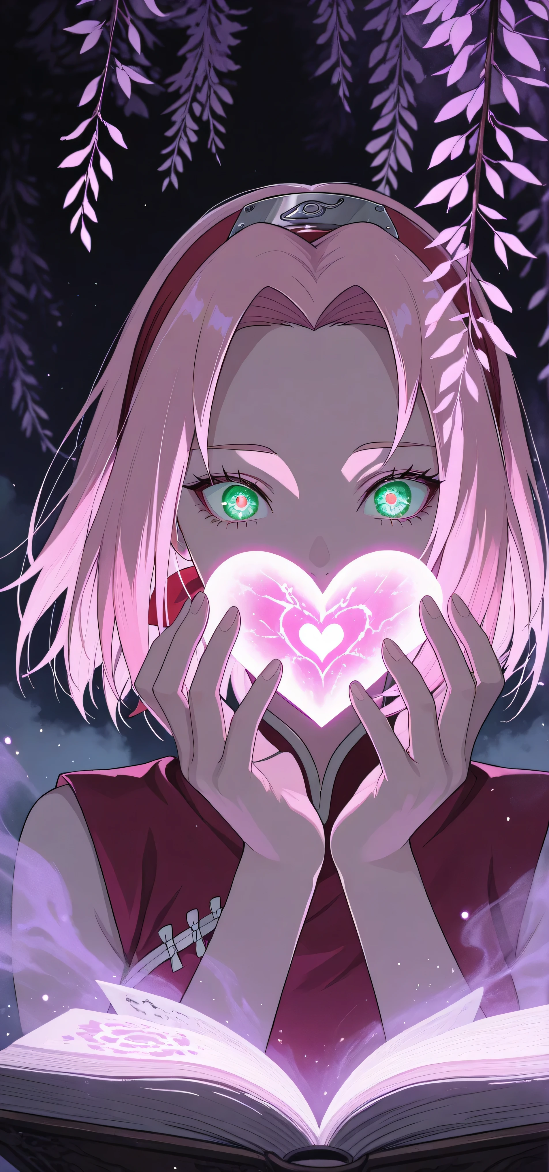 (Masterpiece:1.2, best quality), (beautiful eyes exquisite and detailed: 1.2), (beautiful detailed face, good_hands), a girl, Haruno Sakura, purple willow branch, fog  , fog , night,  portrait,  Close-up, look at each other, glowing runes, open book with glowing pages, glowing heart shape. character:  green eyes, pink hair, ninja ribbon (leaf village),  plant ornaments, Dark background , dramatic layout with effect Ink Stain Retardant, manga style with explosion effect,Impressive Light.