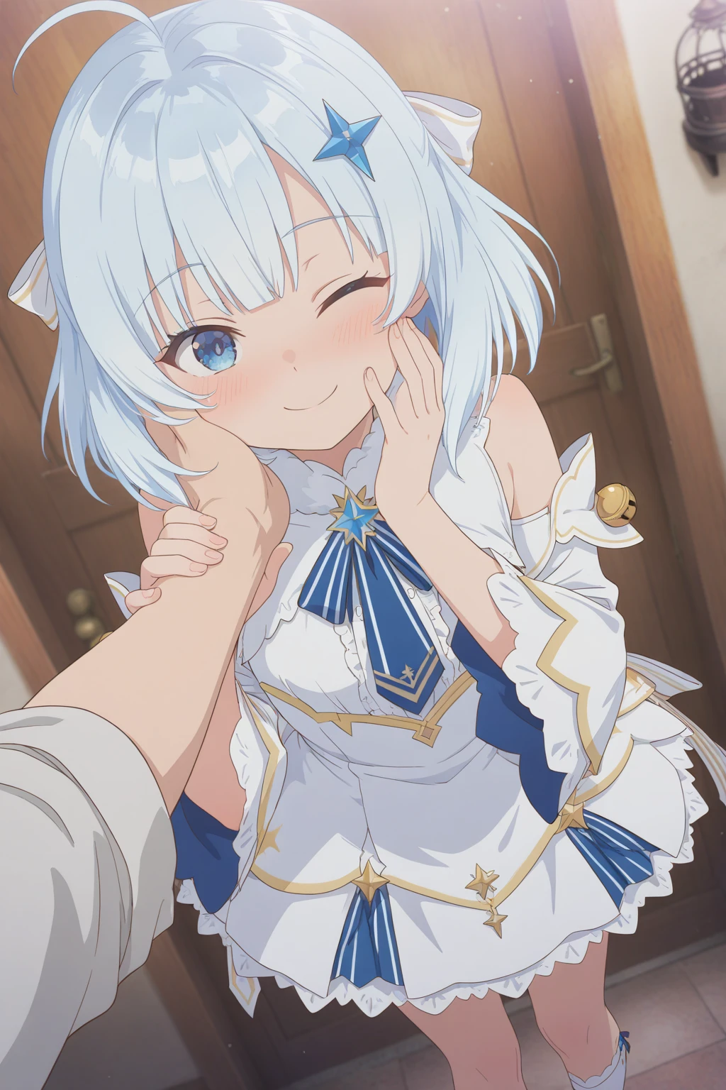 masterpiece, best quality, amazing quality, very aesthetic, absurdres, ultra detailed, tina_howard, 1girl, solo, looking at viewer,light blue hair, short hair, ahoge, blunt bangs, blue eyes, white dress, gold trim, detached sleeves, bell sleeves, striped blue necktie, star-shaped brooch, blue star hair ornament, white hair ribbon, white socks,diamond pattern, well-groomed face, smile, guided hand on cheek, hand grab, hand on another's cheek, hand on another's face, looking at viewer, pov, pov hands, smile, blush, one eye closed, caress, caressing cheek, looking at viewer, solo,, dutch angle, cowboy shot