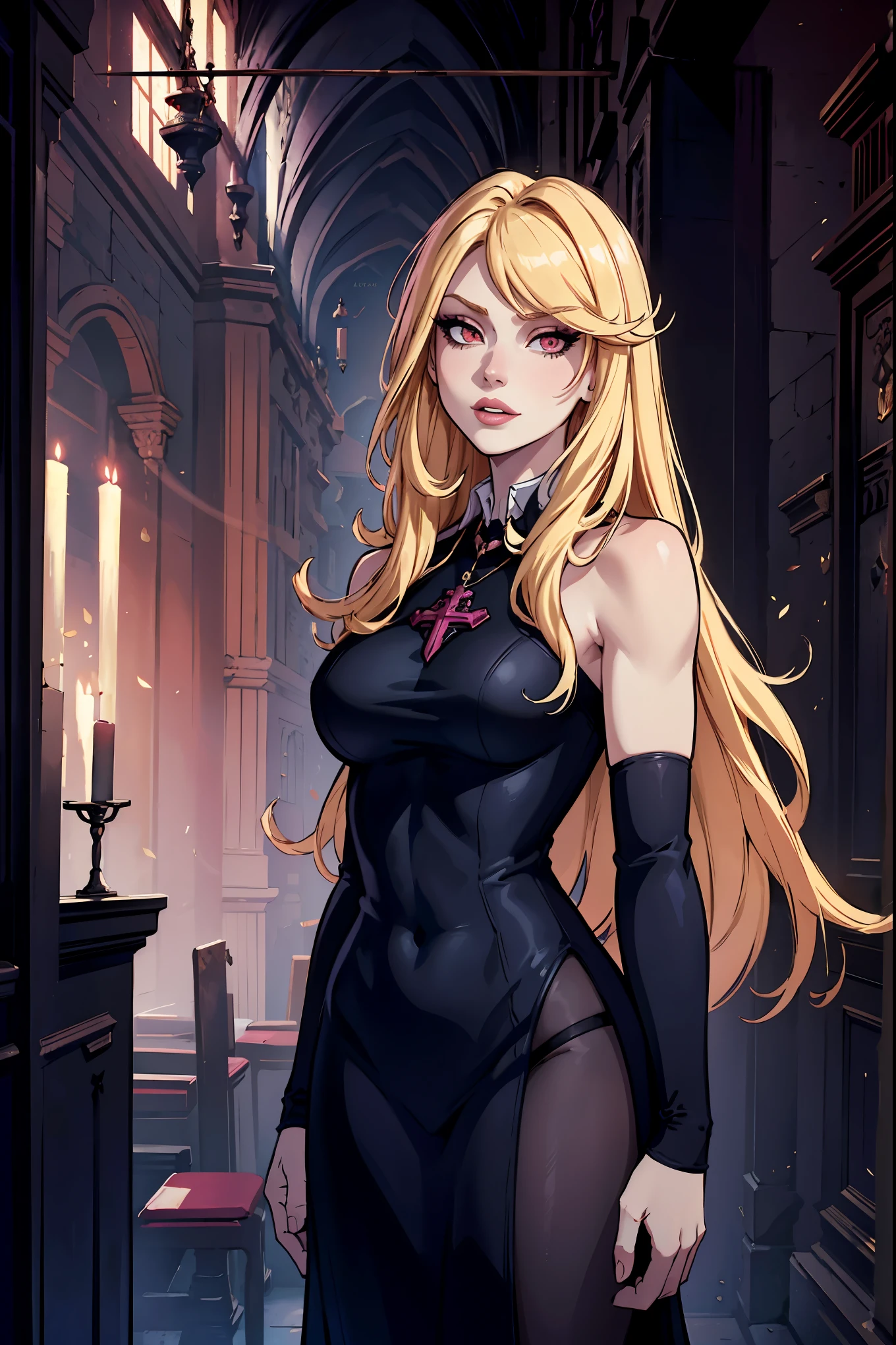 Masterpiece, best quality, womanly, excited expression, portrait, noble, pale skin, red eyes, inside a church's crypts, pink full lips, black simple mini dress, blonde hair, dark church crypts setting, distant view, alone in the darkest dungeon, chubby potbelly, holding a sword