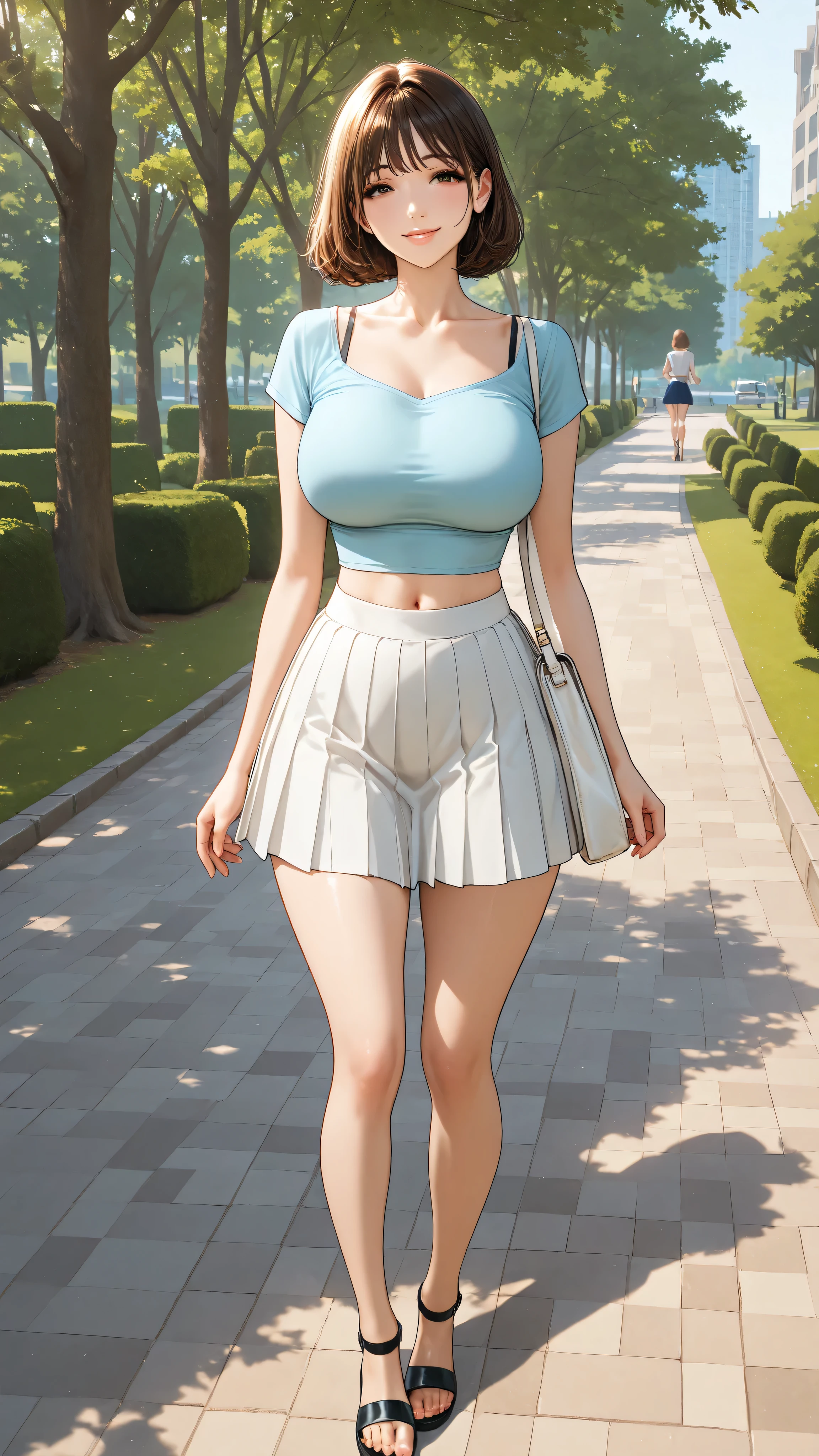 hari,best quality, masterpieces, RAW photos, fine detail, Clear Texture, full body shot, pov, warm atmosphere, park background, 26-year-old beautiful milf, short hair, brown hair, warm smile, Basic makeup, Big Breasts, light blue Short Sleeve Crop Top, white pleated skirt, navel, one ivory bag, Black sandals, Black bra strap , light red lips, collarbone