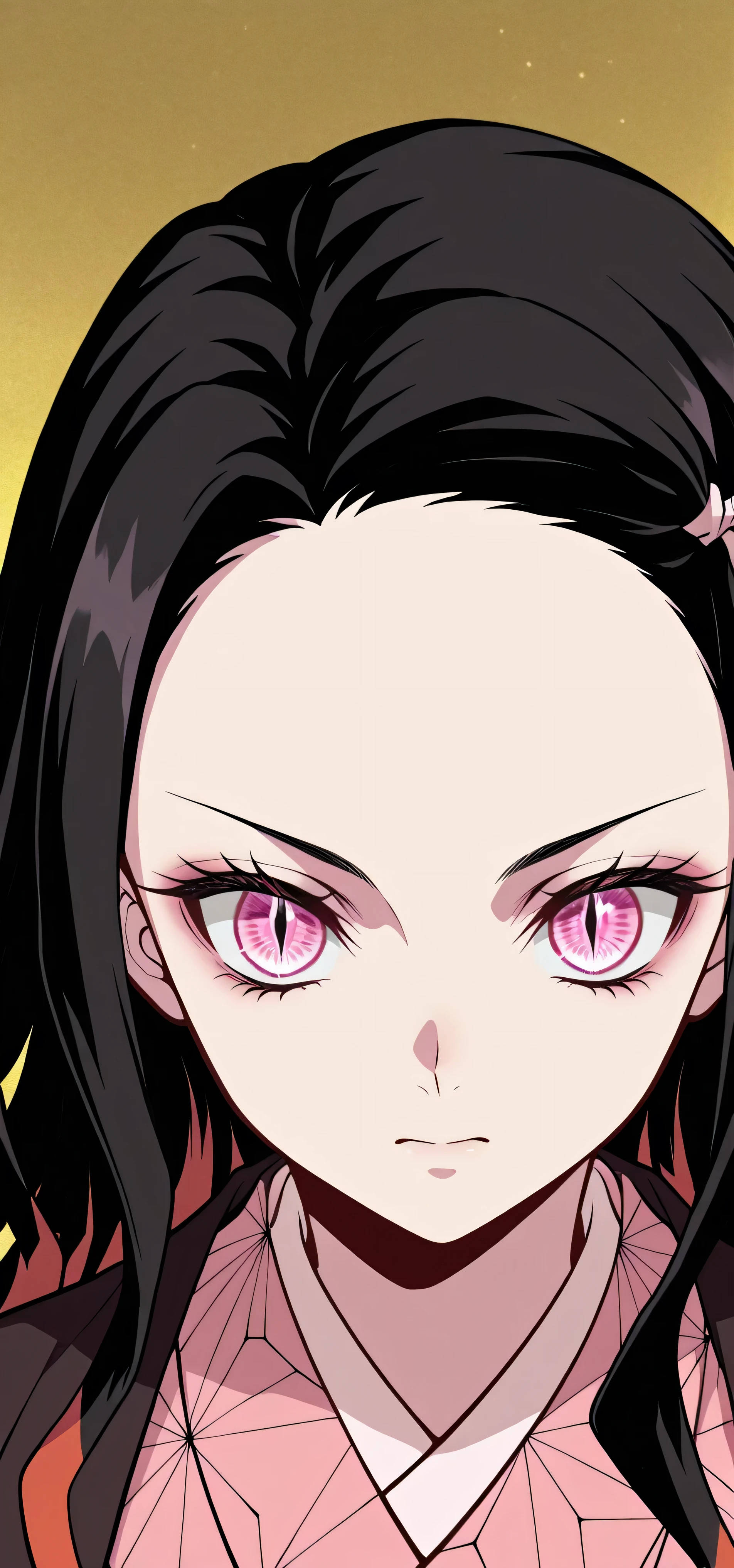 nezuko kamado, black hair, forehead, hair ribbon, long hair, multicolored hair, pink eyes, orange hair, slit pupils, wavy hair, two-tone hair,,