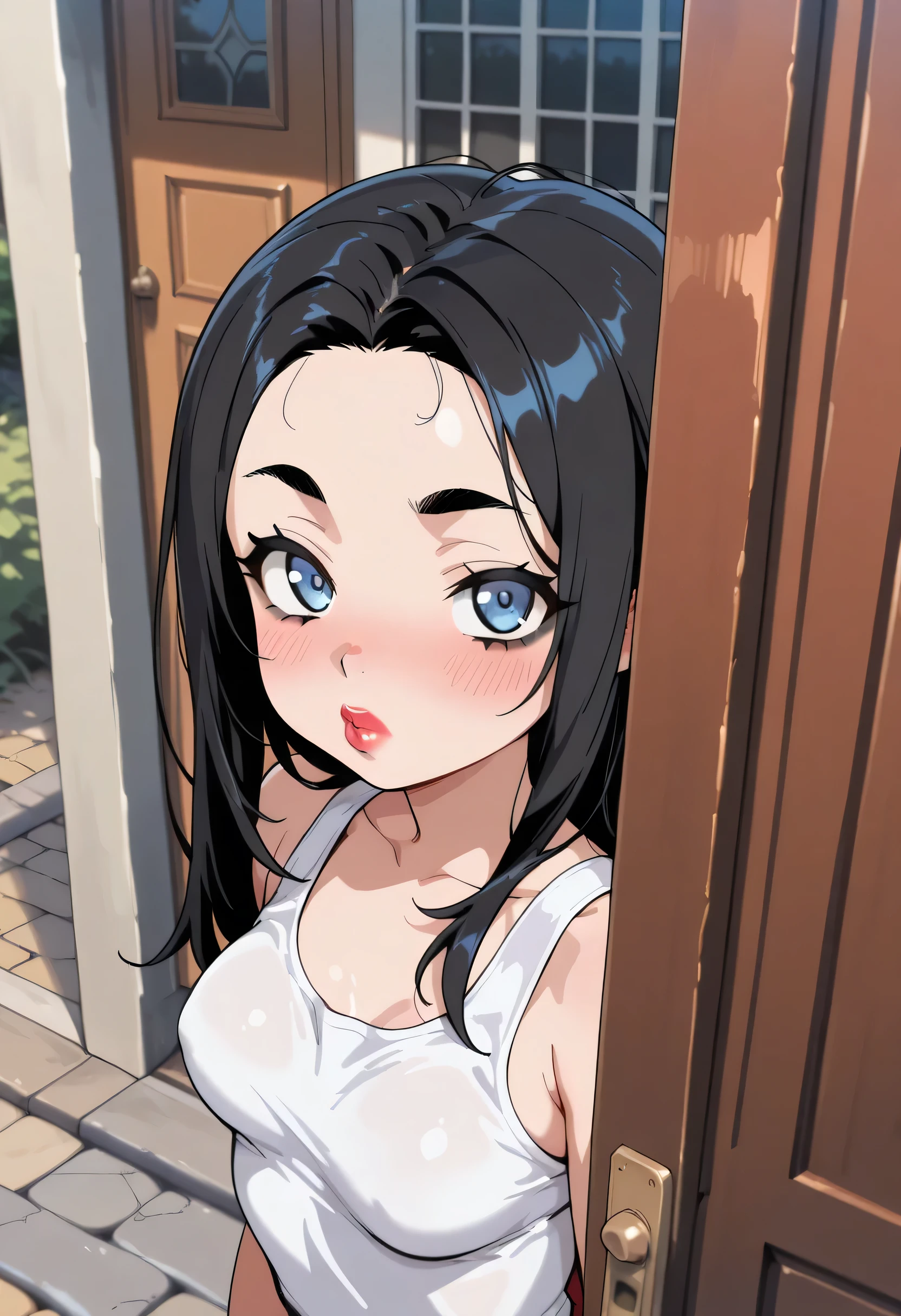 young girl, perfect face, black long hair, forehead, black natural eyebrows, big blue eyes, black eyeliners, nose, blush, red thick lips, beautiful girl, white tank top, medium breasts, (door, outdoor, stone road)