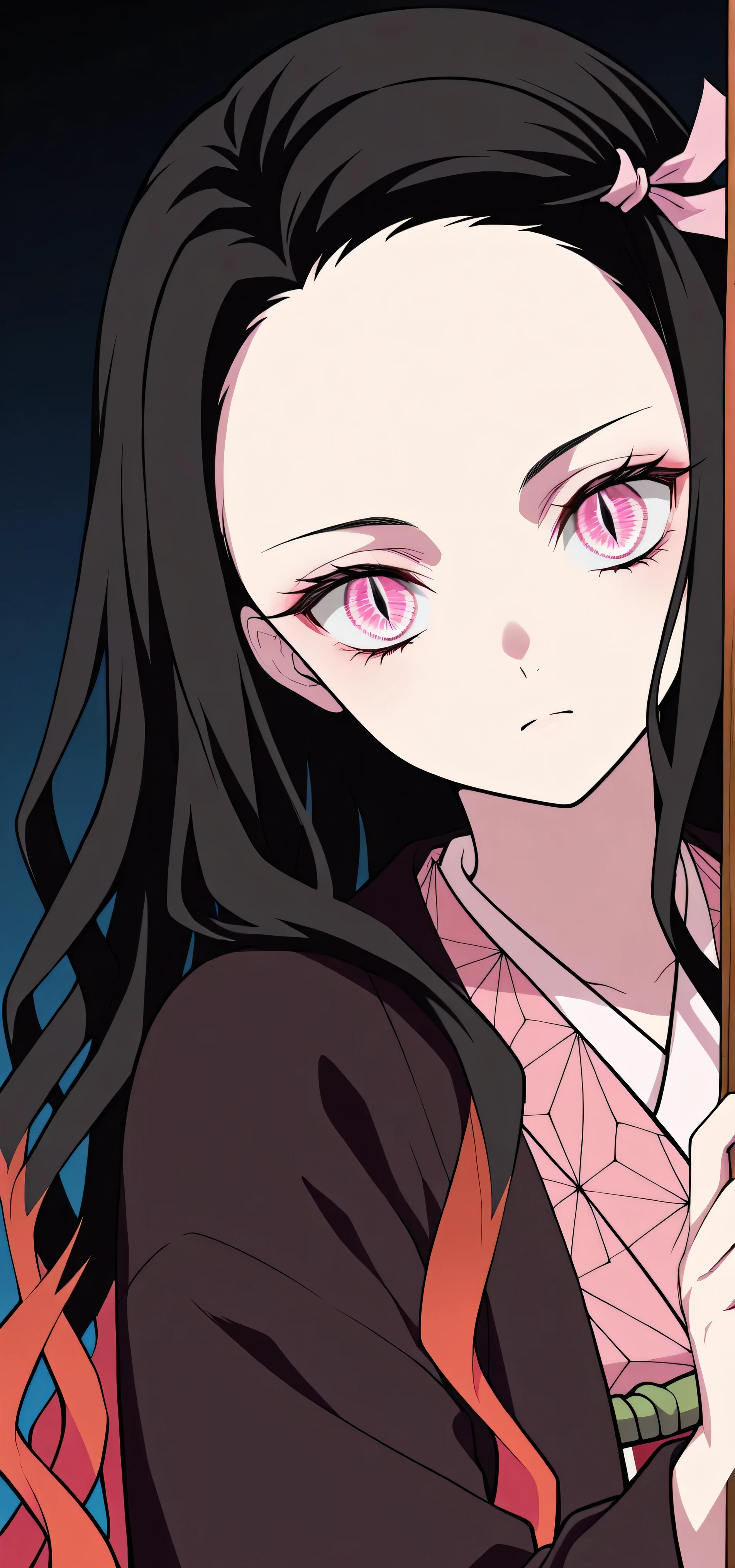 nezuko kamado, black hair, forehead, hair ribbon, long hair, multicolored hair, pink eyes, orange hair, slit pupils, wavy hair, two-tone hair,,