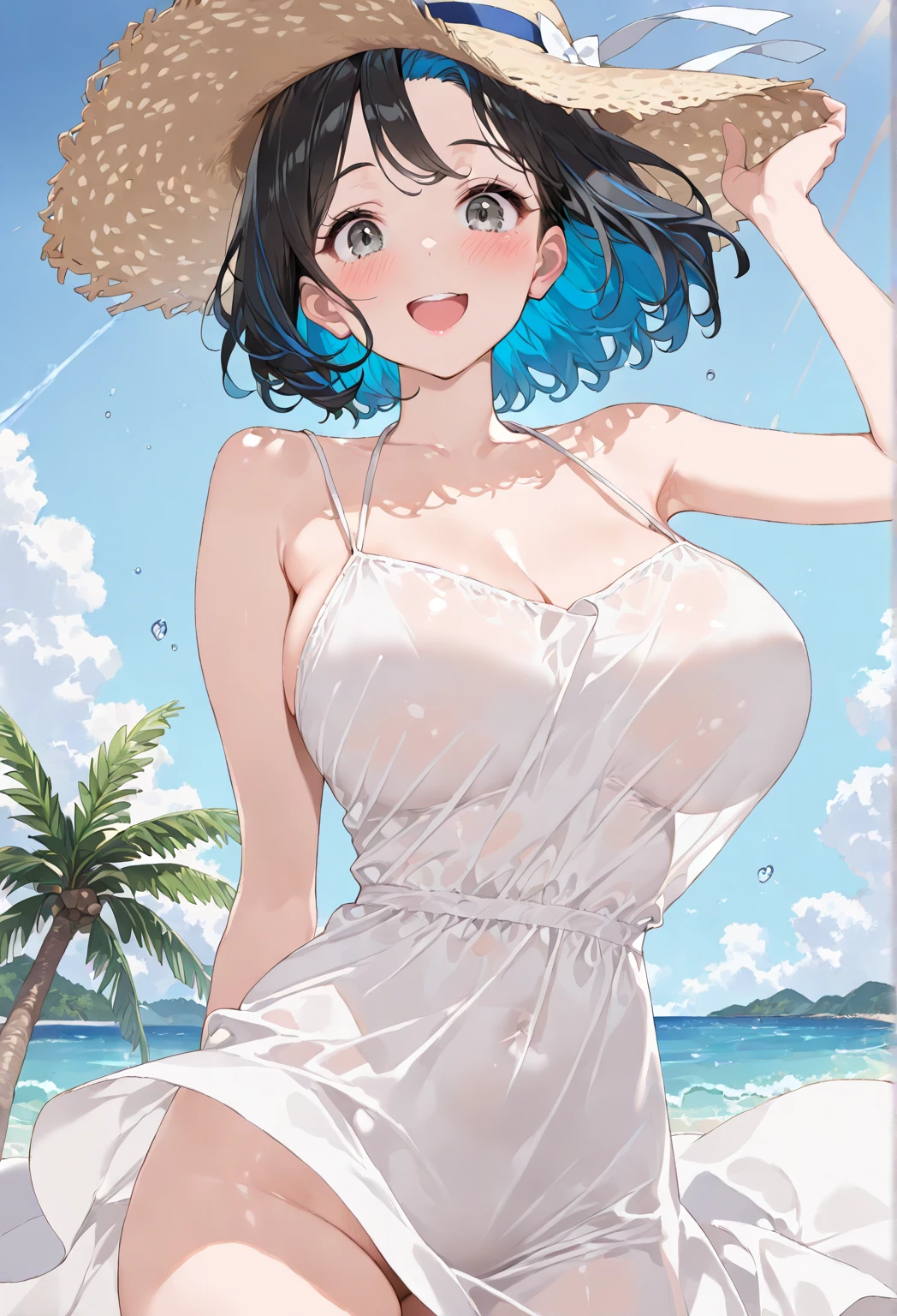 (masterpiece:1.3),best quality,high resolution,unity 8k wallpaper,(illustration:1),perfect lighting,
finely detail,extremely detailed,soft lighting and shadow,soft yet striking lighting,film grain:1.2,
one girl, helmswim, solo, blue hair, blue eyes, smile, blush, huge breasts, see-through, wet clothes, long sleeves, micro bikini, white gloves, looking at viewer, hand on hip, outdoors, beach, ocean, day, horizon, blue sky, cloud, cloudy sky,