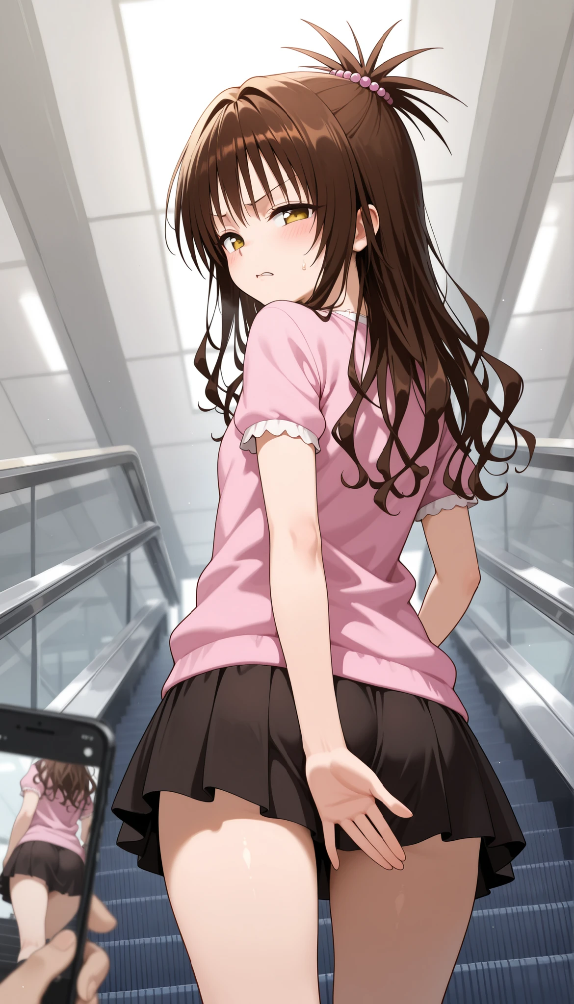 masterpiece, best quality, newest, absurdres, highres,newest, huge filesize,yuuki mikan, to love-ru, clothed female ,BREAK, from behind, looking back, 1girl, (disgust:1.2), half-closed eyes, (no pupils:1.2), (looking back:0.7), covering crotch, from behind, escalator, covering privates, covering ass, BREAK, pov hand smartphone show panty,