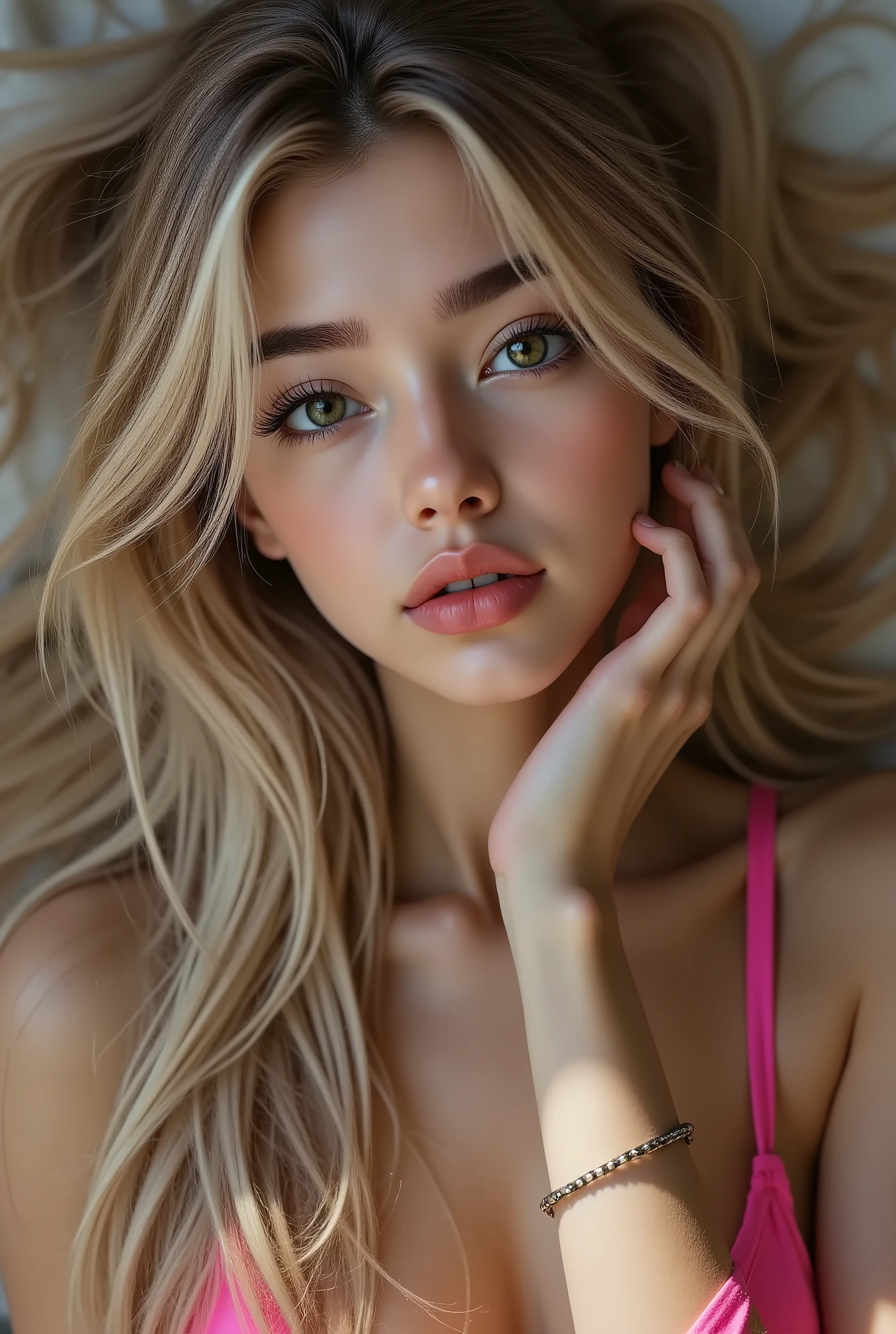  Realistic (photorealistic Realism), (Ultra-realistic), ((focus on extremely Realistic Proportion Body, Anatomically Correct:1.2)), ((professional portrait)) a cute 1 Female, European. ((photo session: [Posing lying down (on your back, full body, looking at the camera:1.33)). Face: [(Exquisite face)]. Hands: [(Normal hands, five finger)]. generate hands anatomically correct(5fingers better hands). (ultra realistic texture details: velvety skin, hair), ((no blurr eyes, high resolution, absurd quality, Realistic green_eyes:1.4),intricately detail:1.35),(Carefully draw Long blue_eyelashes:1.2),(professional makeup:1.4). (Sleeveless, beautiful ribbon PVC: 1.25), ((Micro Sling swimsuit:1.25)), (wear Micro Sling made of (ultra Narrow,, Sparkly neon) Tight, PVC Ribbon: 1.35), no blur sharp focus on all body, Detailed texture expression, Precision drawn with expert craftsmanship, HDR effect, Professional lighting, Studio quality.