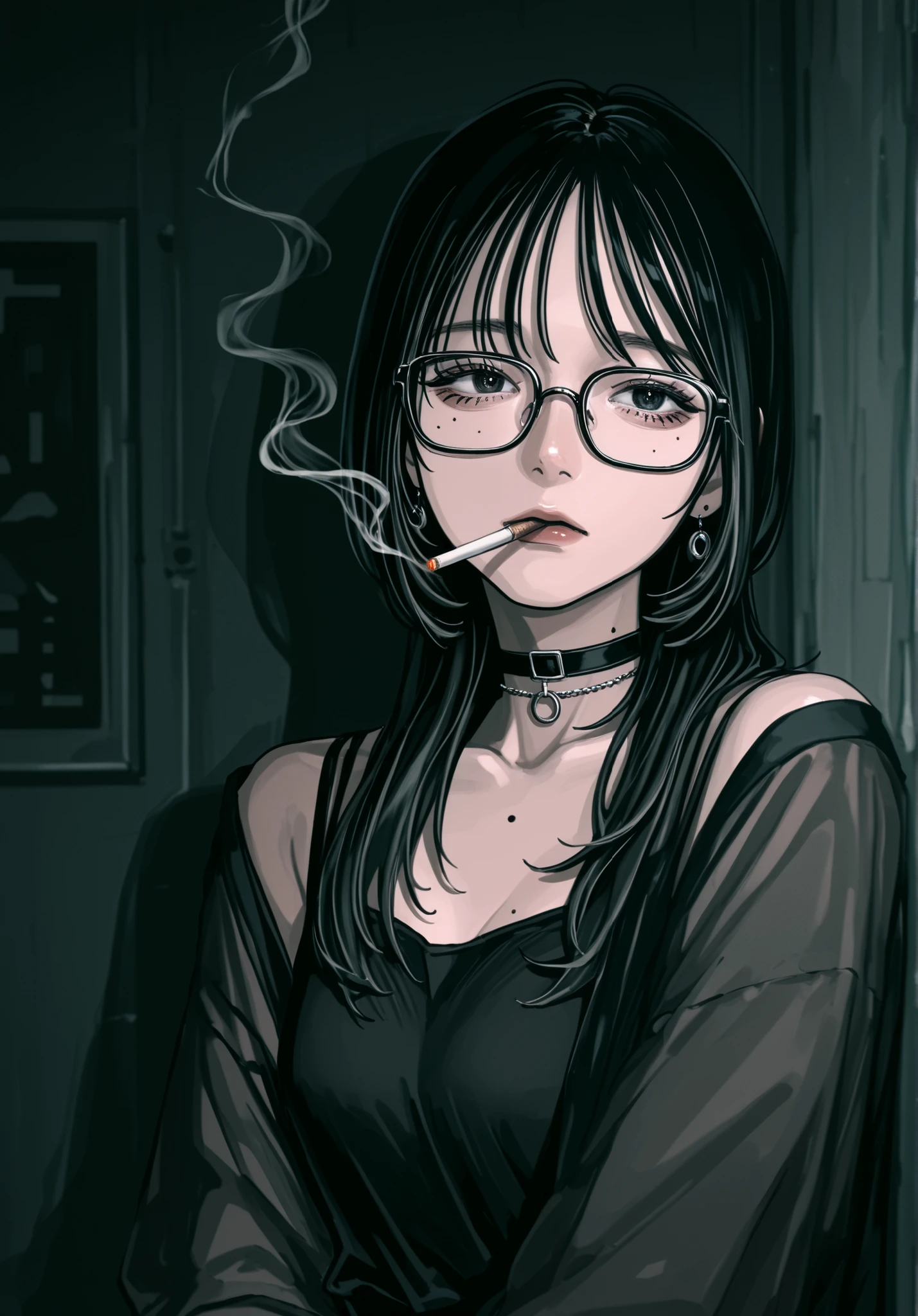drawing of a woman smoking a cigarette while looking at something in the distance, 1girl, solo, glasses, cigarette, looking at viewer, black hair, mole, jewelry, smoking, choker, Japanese_art,