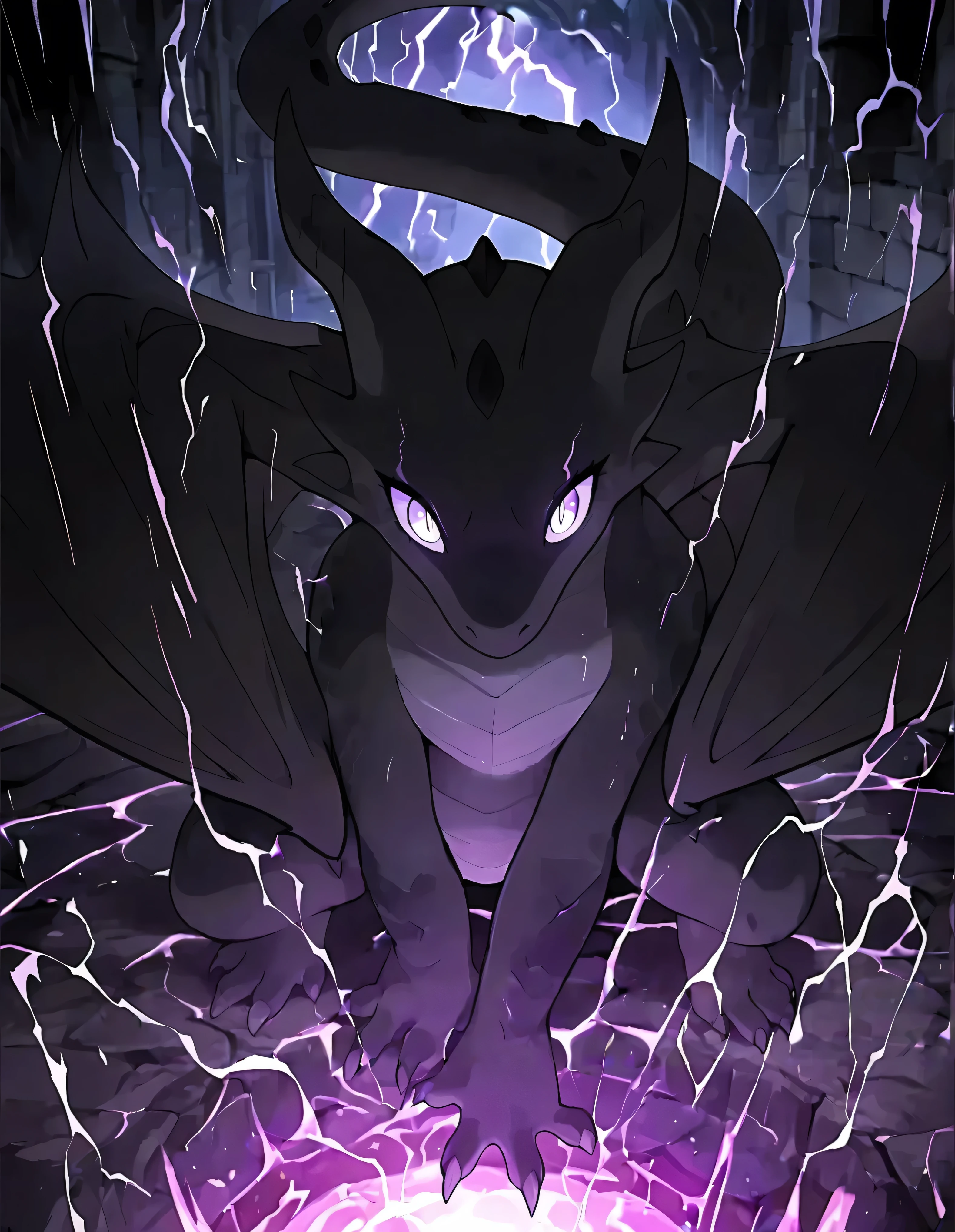 [🐲Eileen], [Dungeon Farming], [draft-2], [model testing], [defensives], 8k, high quality, high details, 2D realistic style, shy smile, half wink, seductive face, young dragon, SFEileen, dark scales, tail, wings, big eyes, slit pupil, creature_form, reptile, female, scalie, lizard, solo, detailed scales, ((4 toes, 4 finger claws)), long snout, color scheme that includes shades of black and gray, powerful tail, cool moments, well-defined SFEileen, thick scales on arms and legs, dragon, slight_blush, portrait,feral,full body,epic,thick, anime, spreading hindlegs,small, cute, purple effects, purple lightning, (correction), detail background, detail tail, glowing eyes purple, (fierce intense), (tail correction), intense stances, 