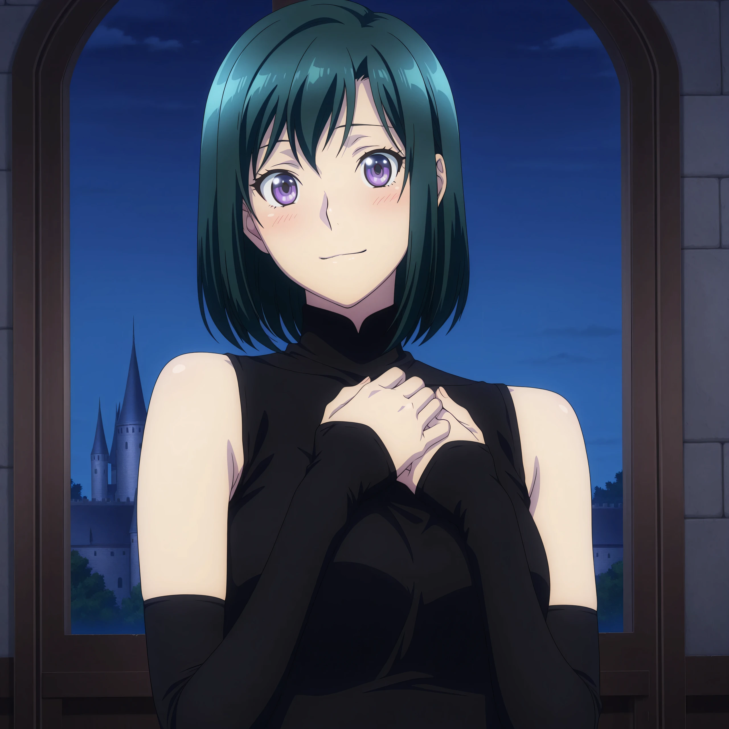 masterpiece,best quality,amazing quality,very aesthetic,absurdres, detailed background, detailed face, detailed shading, detailed highlights, natural lighting, highres, perfect anatomy, perfect hands, perfect fingers, perfect details, ultra detailed, sharp and accurate details, anime screencap , 1girl, solo, <lora:Lenalee_Lee_-_D_Gray-Man__Hallow:1>, cowboy shot, close up, 1girl, solo,Lenalee Lee Hw, medium hair, dark green hair, purple eyes, tight black sleeveless turtleneck top, turtleneck, black arm warmers, indoors, castle hall background, standing, upper body, closeup, hands on chest, night, dark sky, beautiful female, looking at viewer, soft smile, blush, (anime coloring:1.5), soft lighting, beautiful face, clean lines, vivid colors,