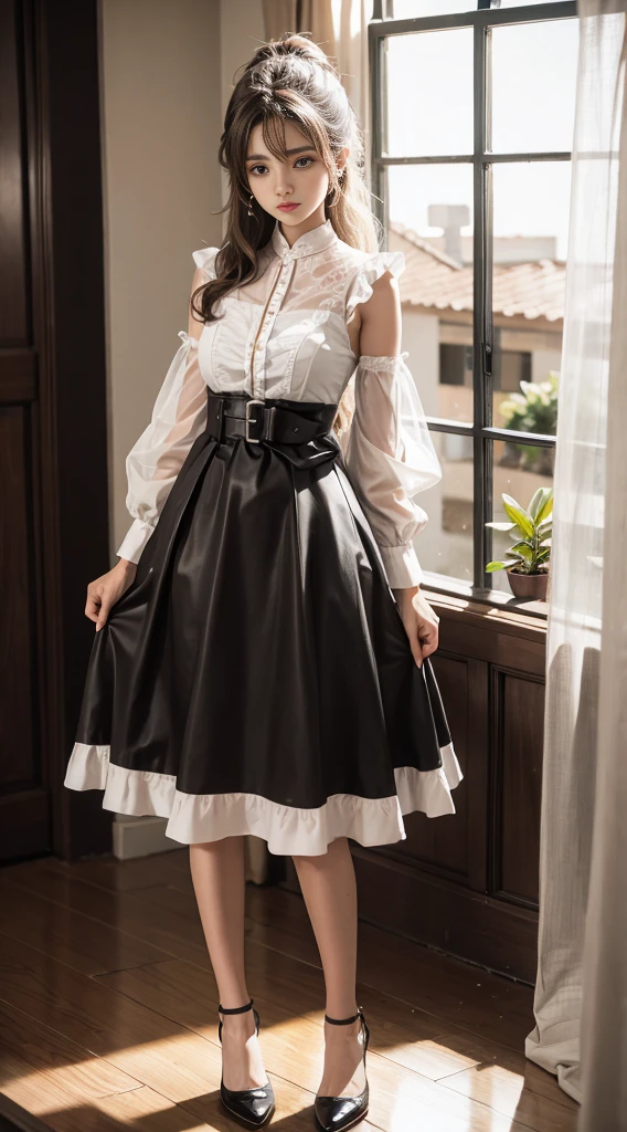 best quality,masterpiece,highres,original,extremely detailed wallpaper,perfect lighting,extremely detailed CG,<lora:add_detail:0.3>,perfect_photography.txt,
<lora:dating_attire_vol1_style6_v1:0.7>,cyb skirt,cyb shirt,high-waist skirt,neck ribbon,